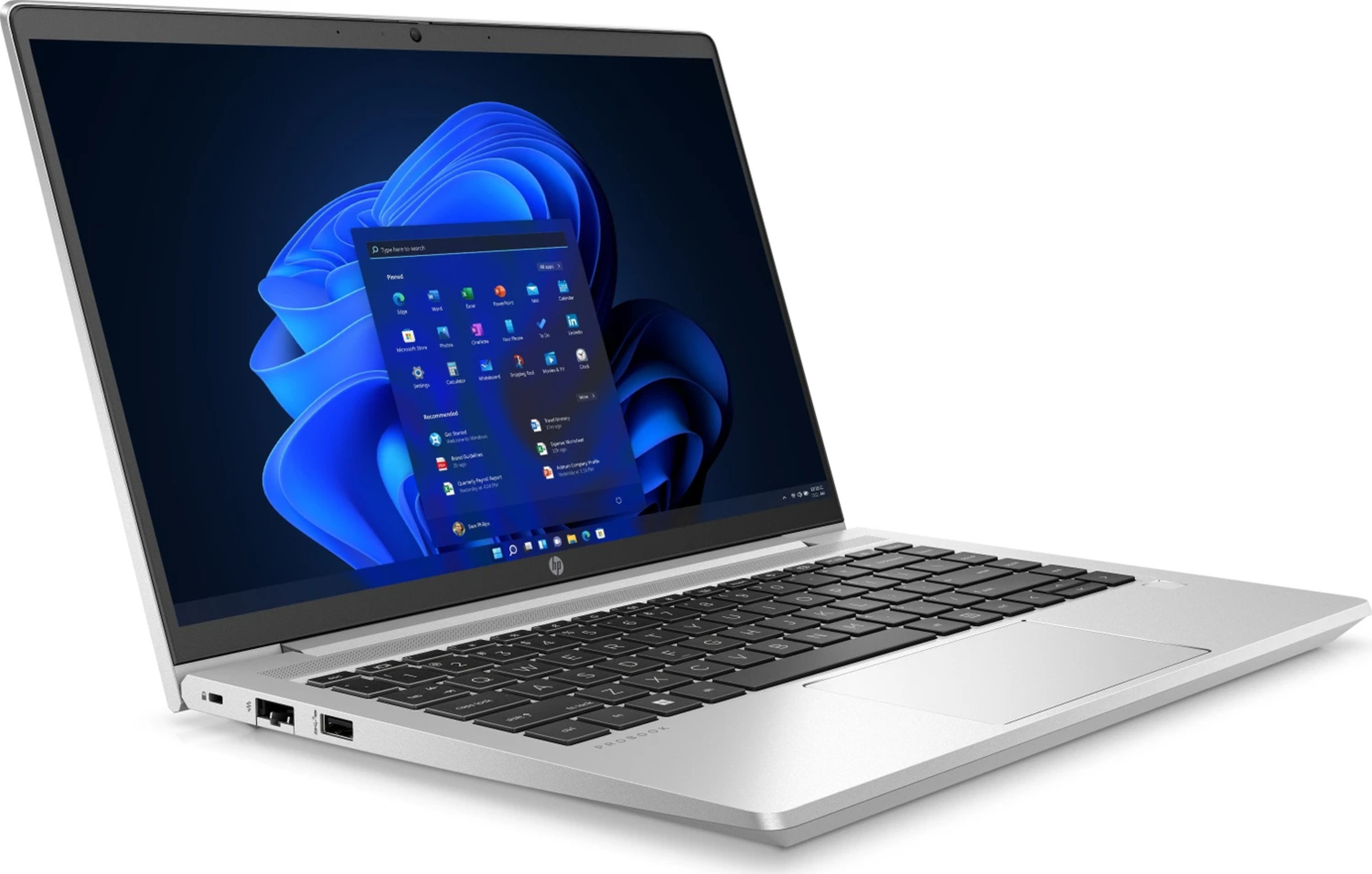 Ein silberner HP ProBook Laptop mit Windows 11 auf einem weißen Hintergrund.