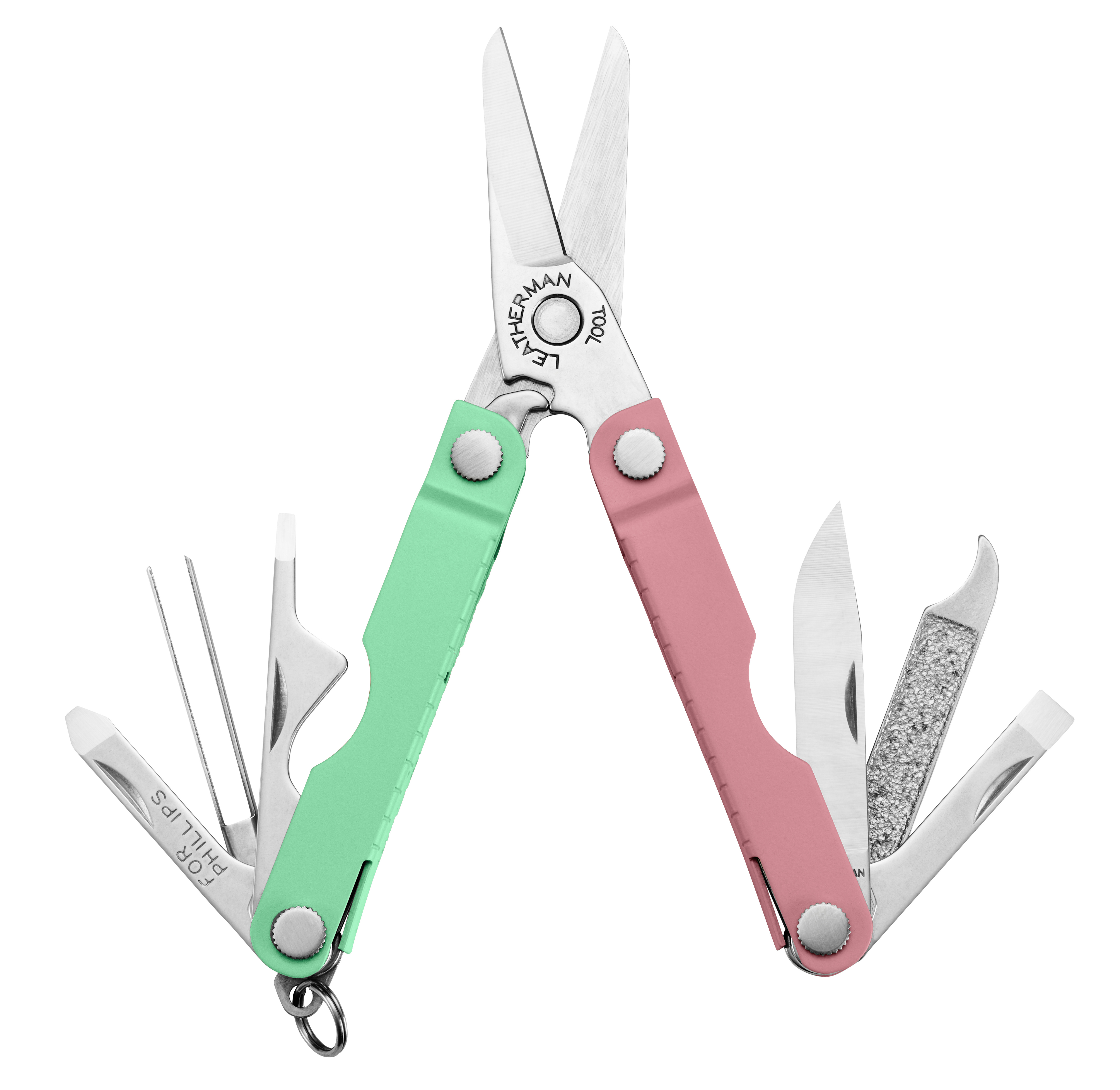 Ein Multitool mit einer grünen und einer rosa Seite, mit Schere und verschiedenen Werkzeugen.