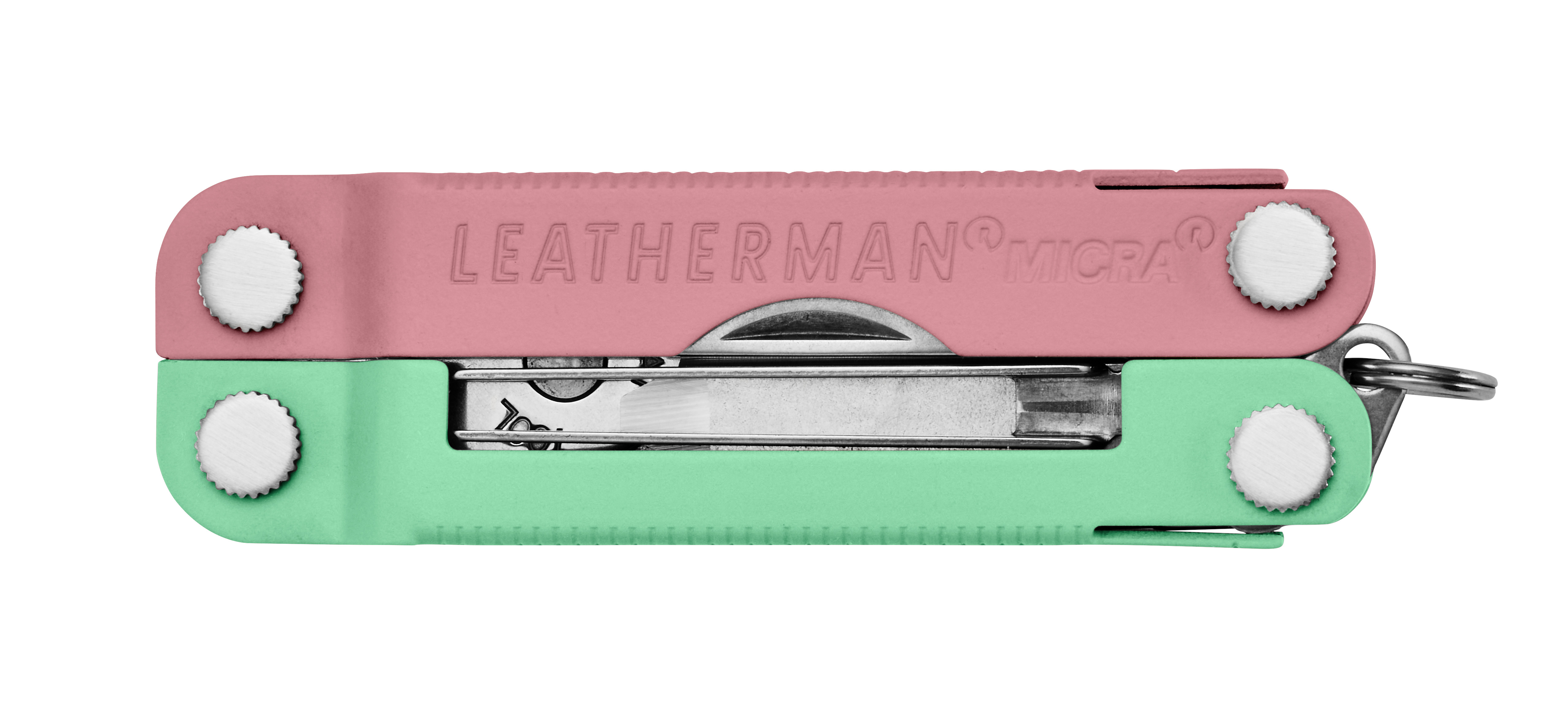 Ein rosa und ein mintgrüner Leatherman Micra Multitool mit silbernen Schrauben.