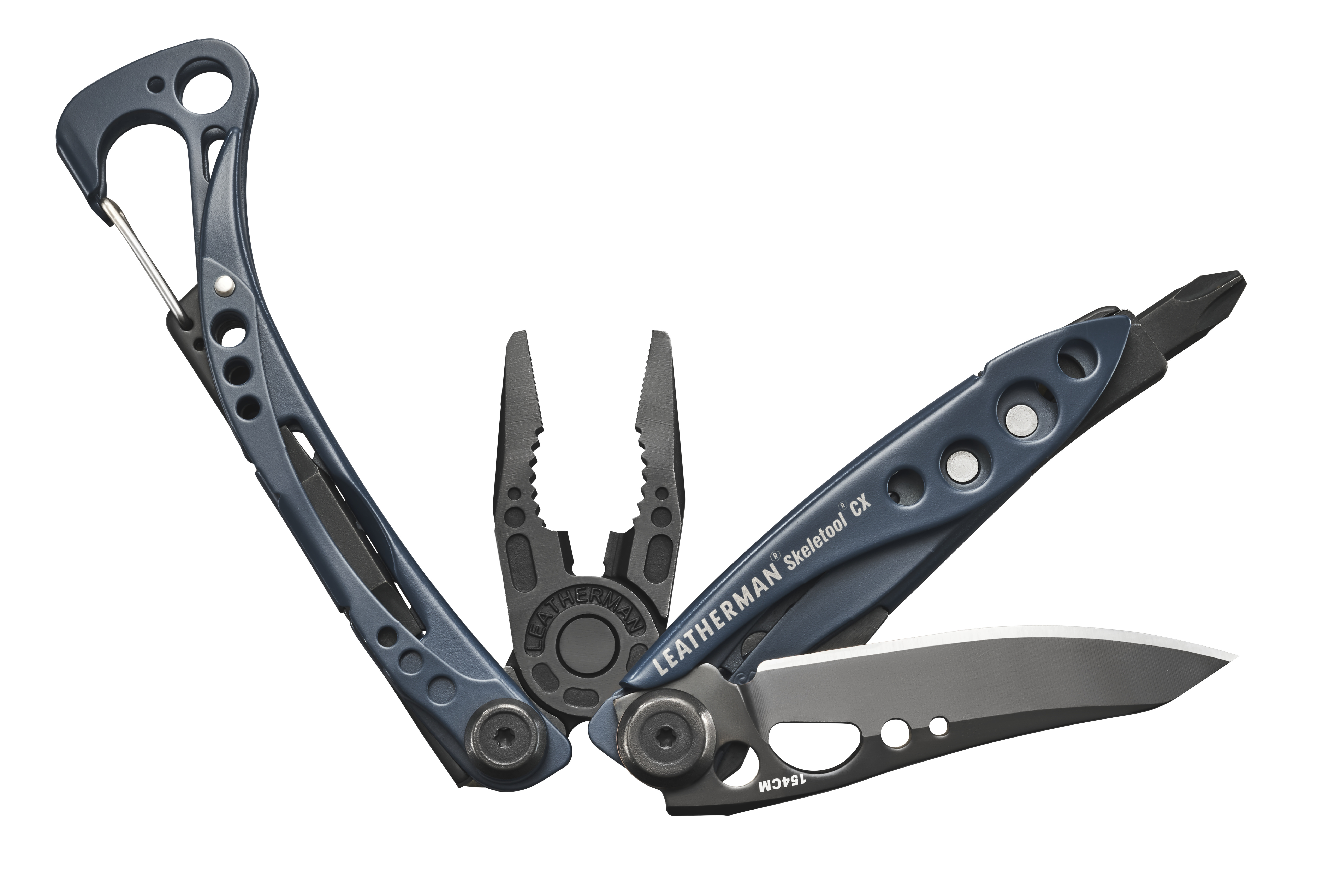 Ein blaues Leatherman Skeletool CX Multitool mit geöffneten Zangen, Messer und Schraubendreher.