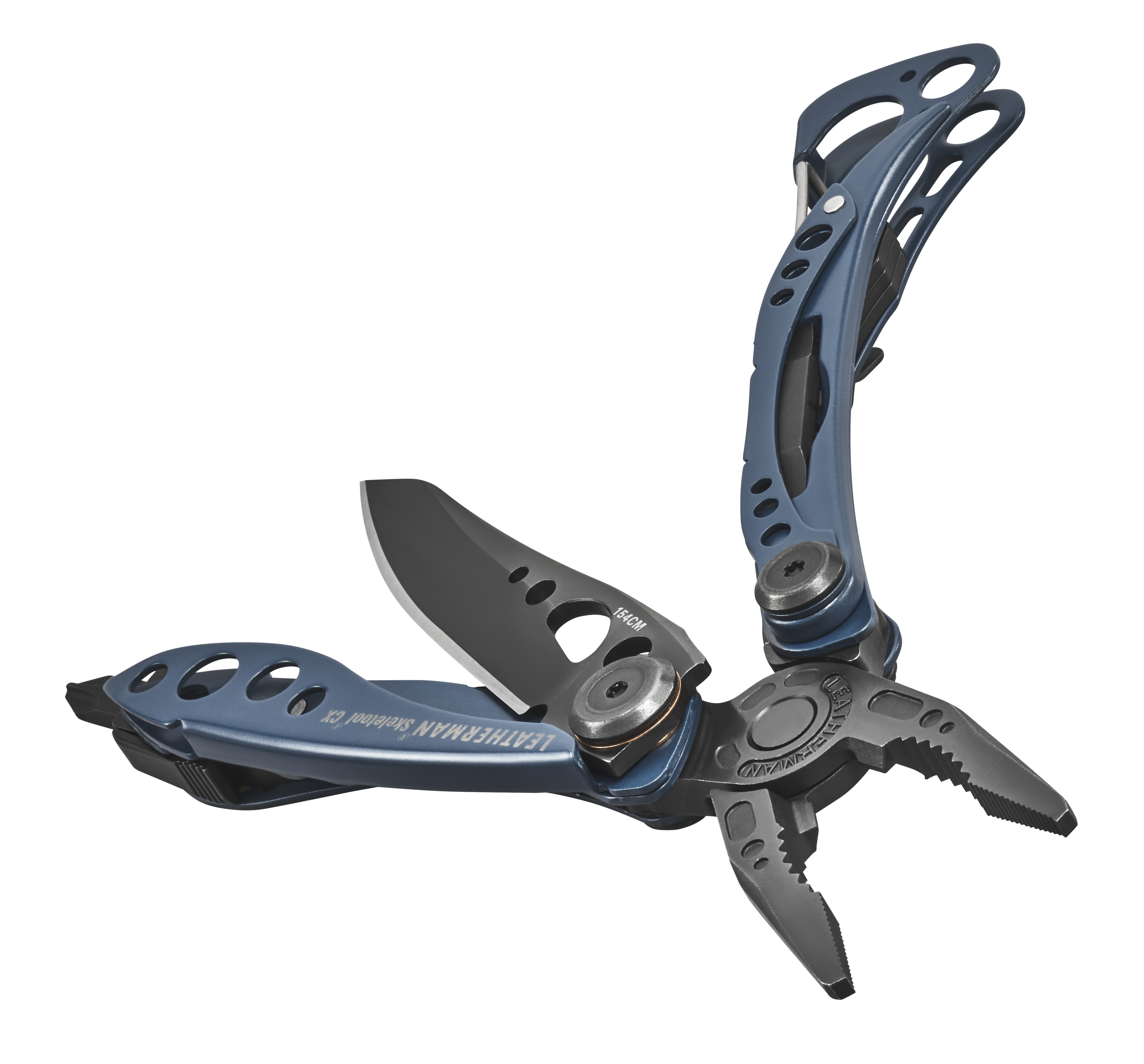 Ein blauer Multitool mit geöffneten Zangen, Messer und Griffen.
