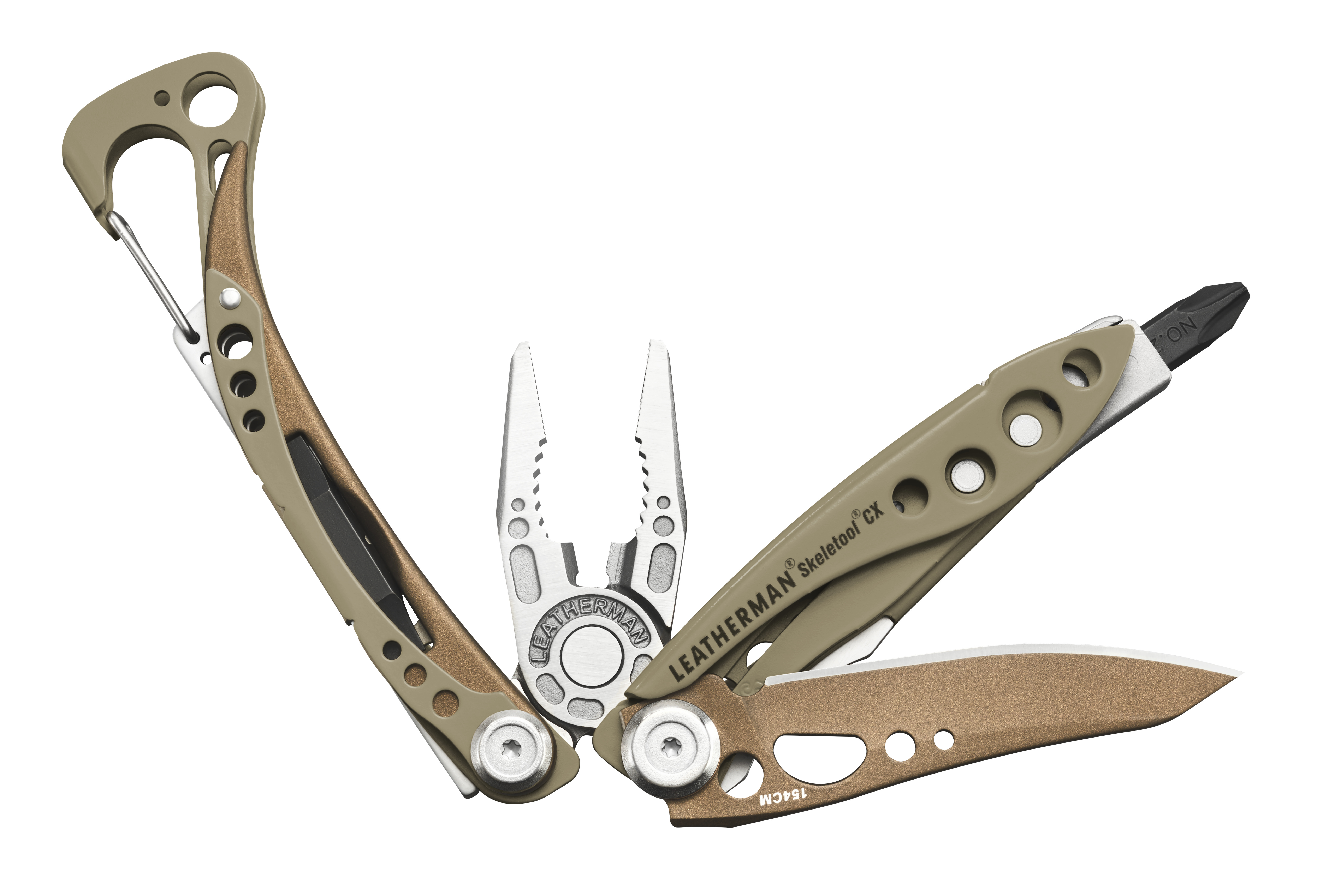 Ein aufklappbares Multitool mit Zange, Messer und Schraubendreheraufsatz.