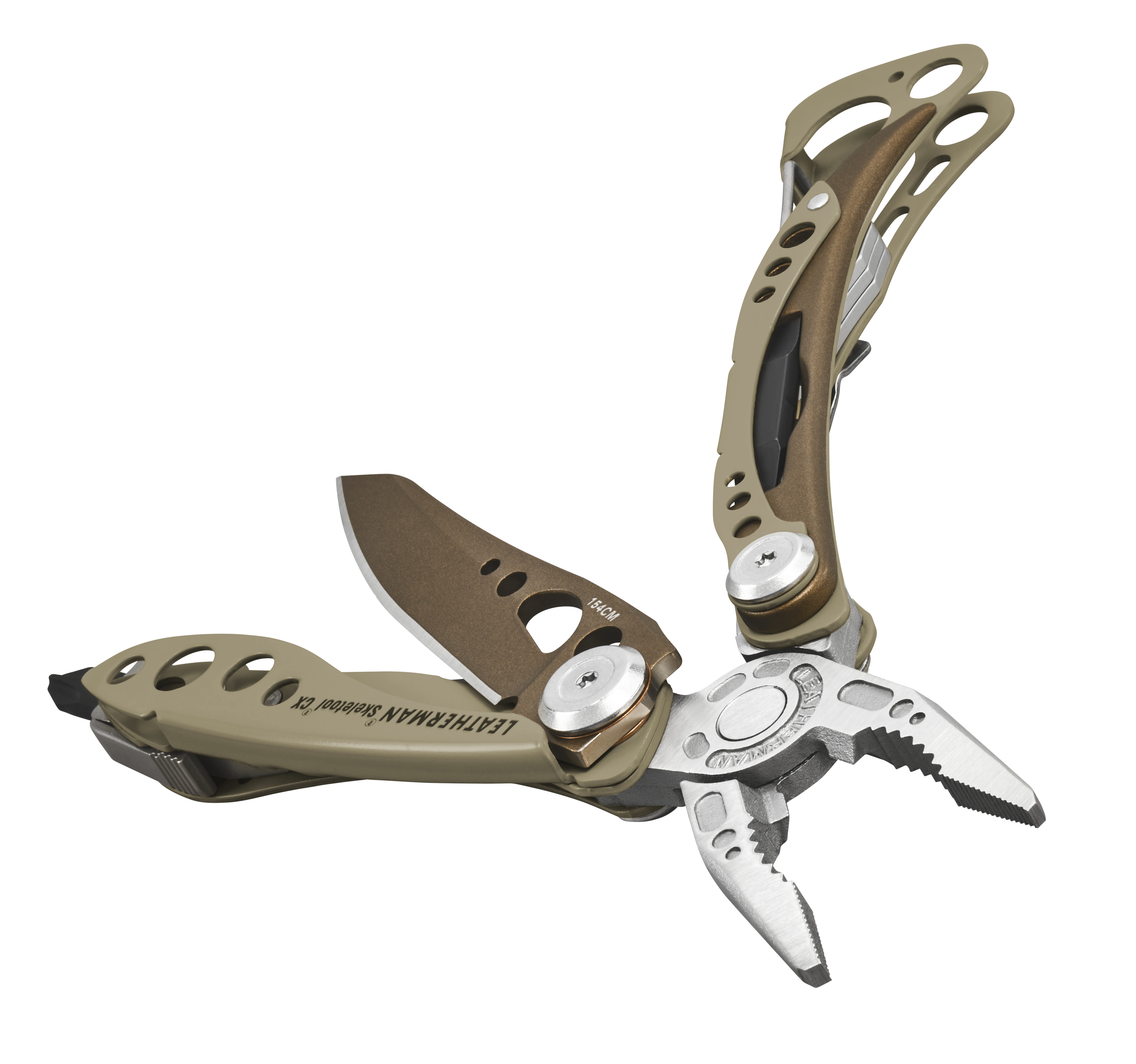 Ein offenes Multitool mit Zange, Messer und Griffen in Bronze- und Silbertönen.