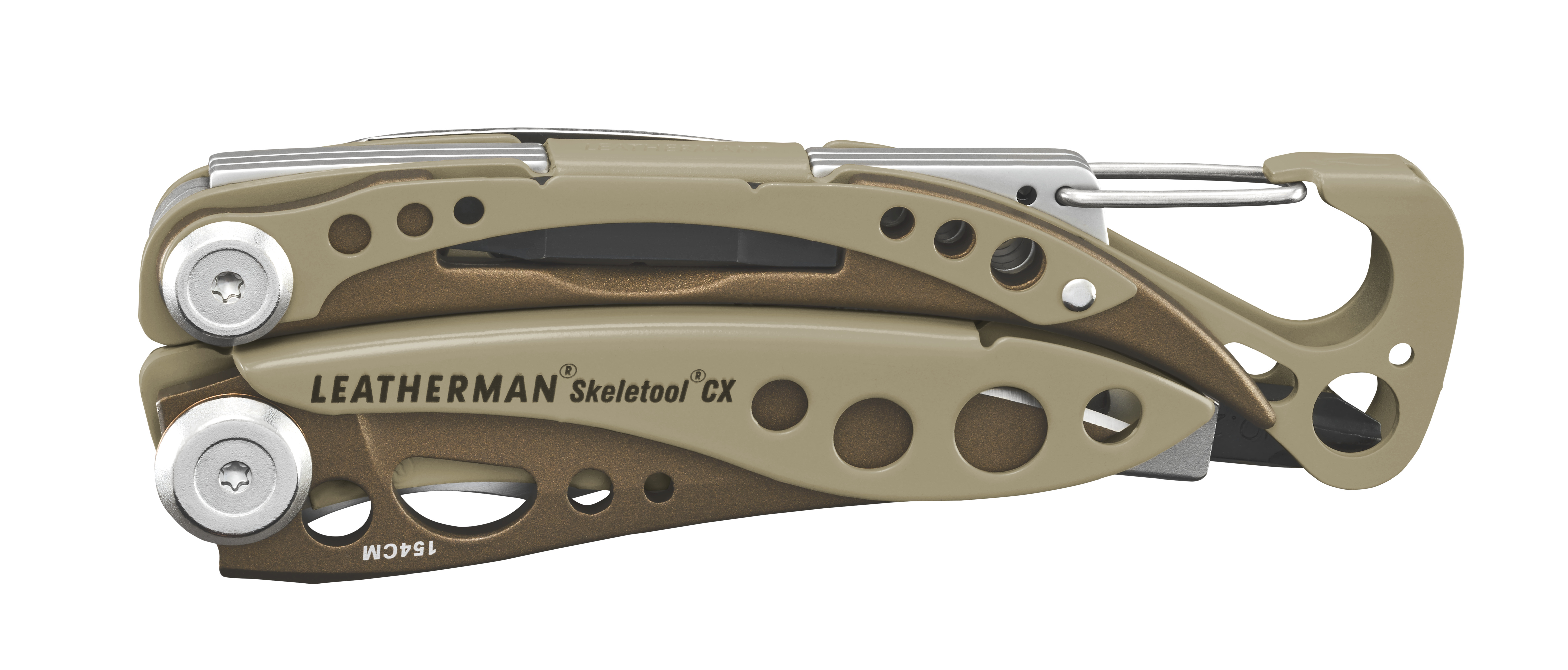 Geschlossenes Leatherman Skeletool CX Multitool in Braun und Bronze mit Karabiner.