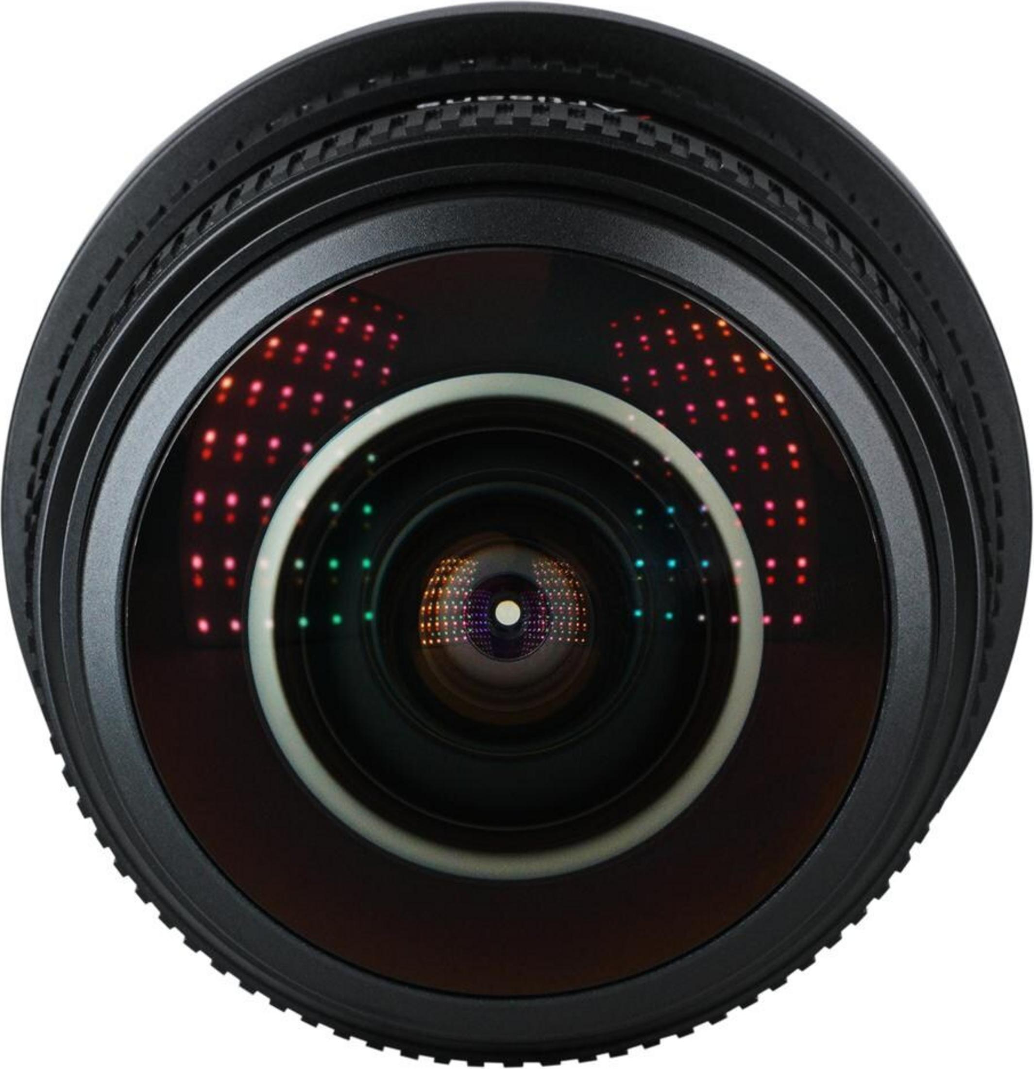 Close-up of a camera lens with red and green lights reflecting on it.