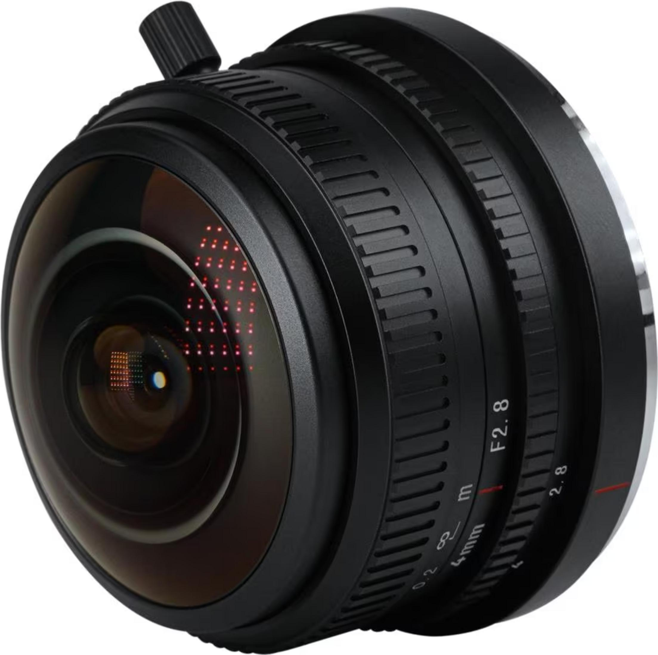 A black fisheye lens with a focus ring and aperture markings.