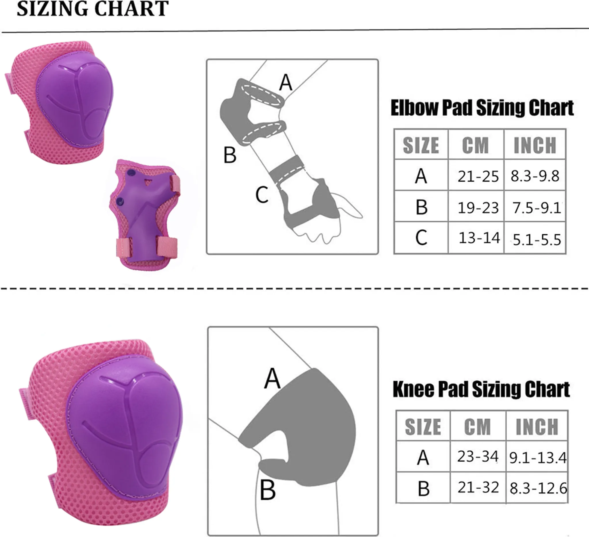 Größentabelle für Ellbogen- und Knieschoner mit rosa und violetten Polstern.