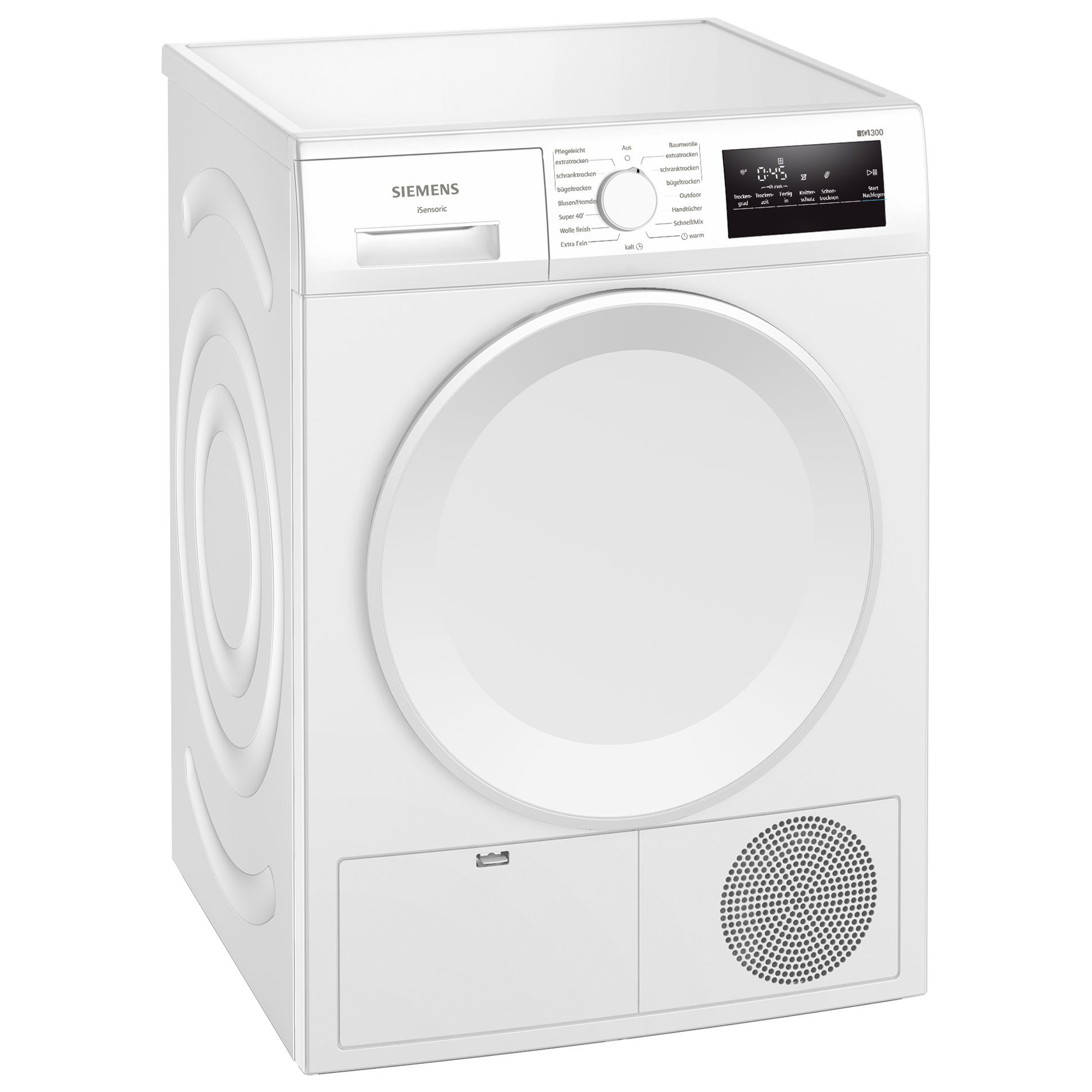 Weiße Siemens Trockenmaschine mit Bedienfeld und runder Tür.