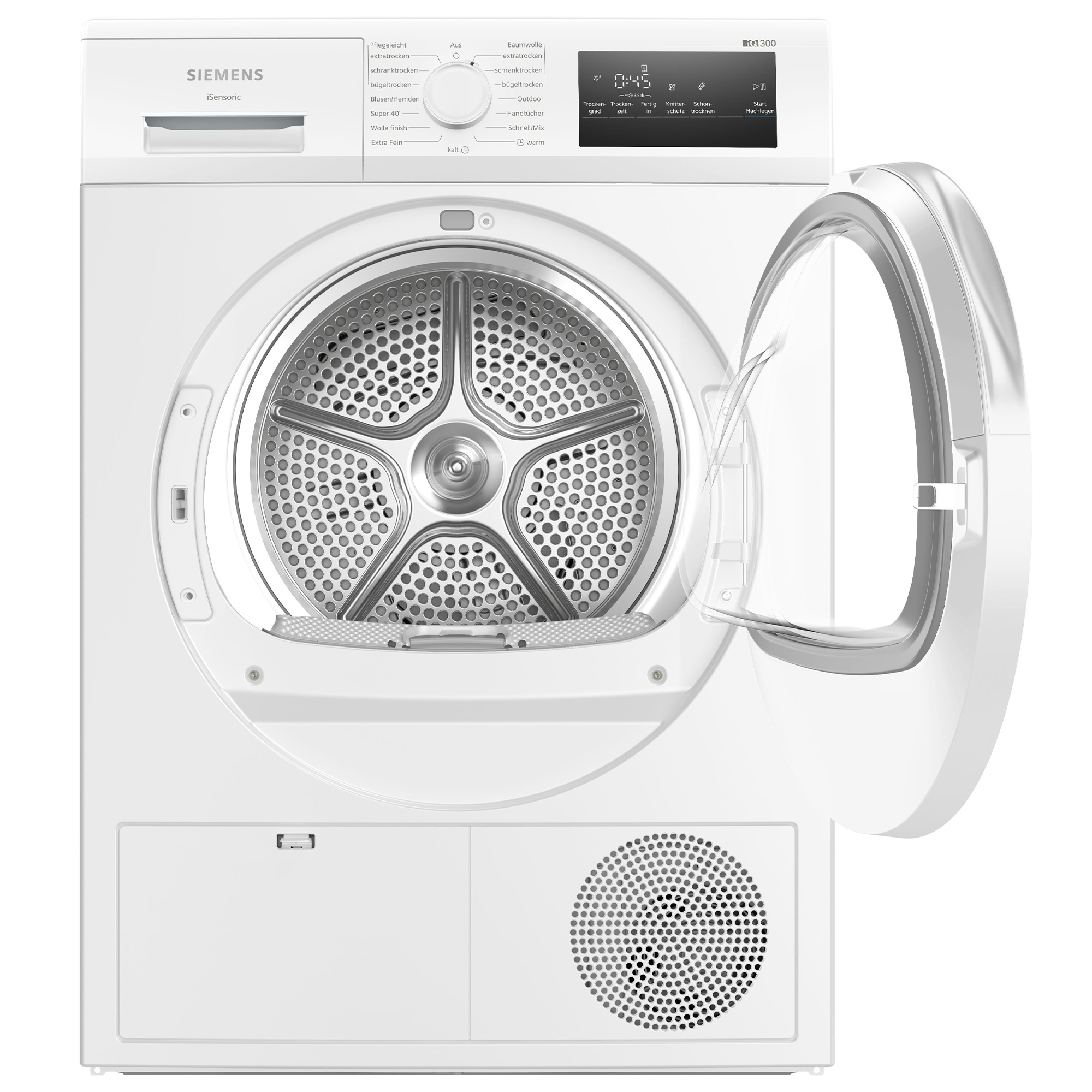 Ein weißer Siemens Trockner mit offener Tür und silberner Trommel.