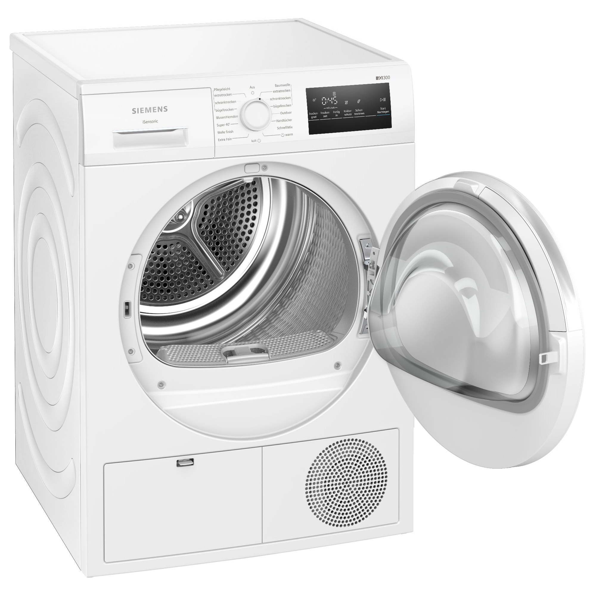 Ein weißer Siemens Wäschetrockner mit offener Tür und Bedienfeld.
