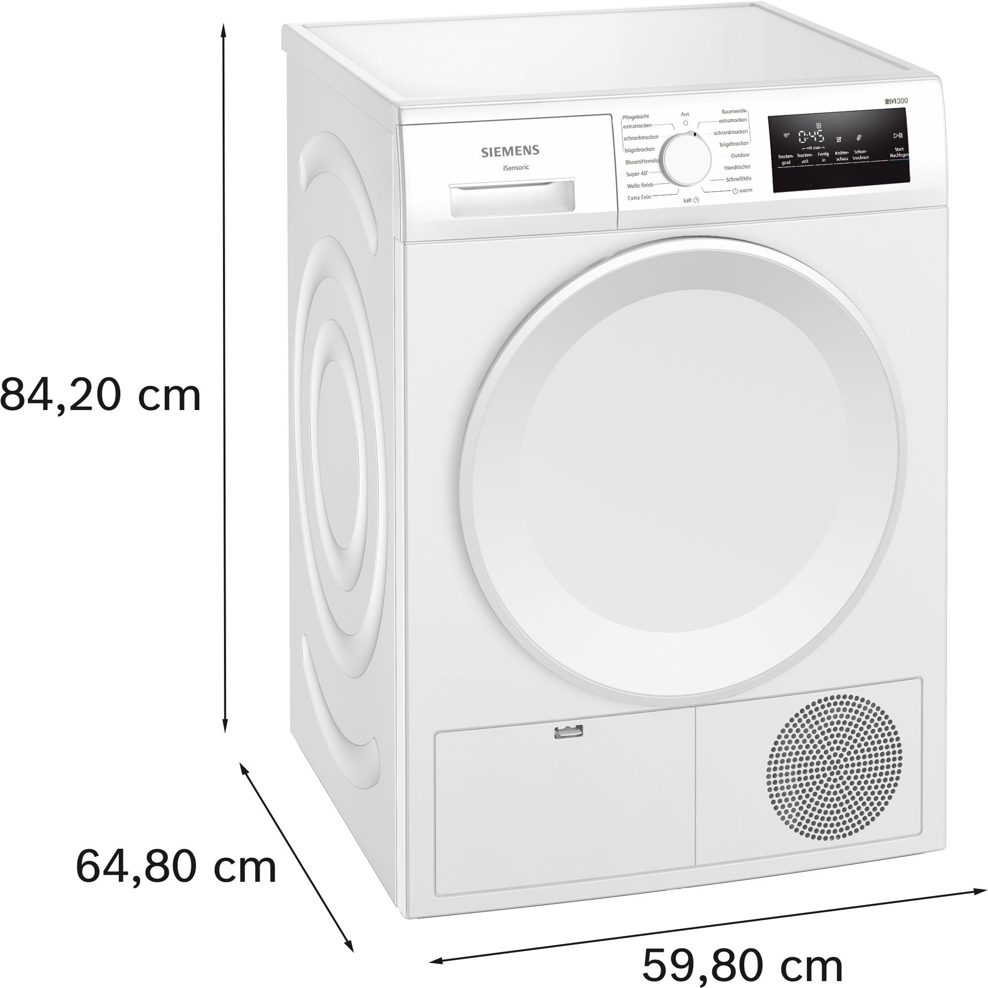 Weiße Siemens Wäschetrockner mit digitalem Display und runder Tür.