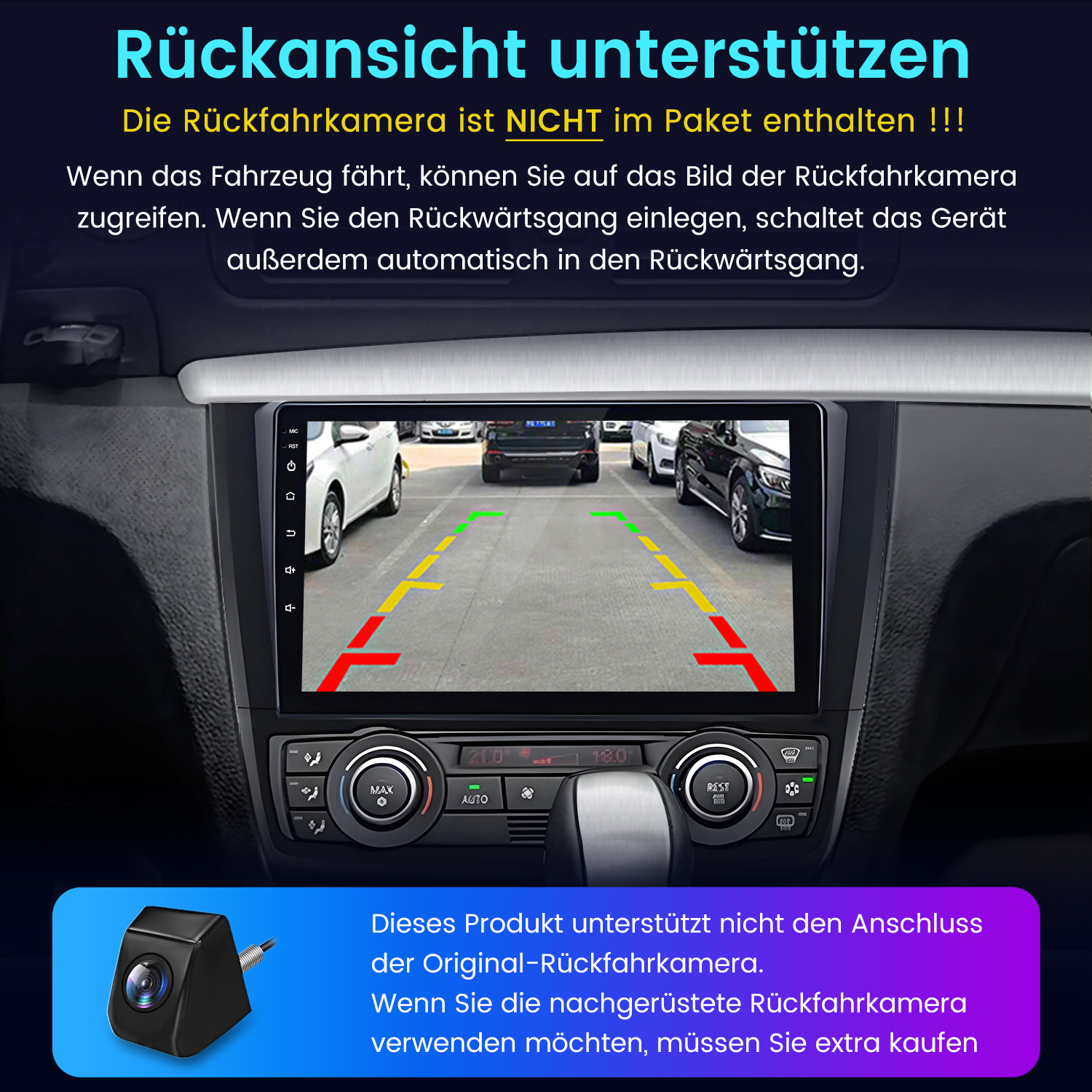 Eine Rückfahrkameraansicht auf einem Autoradio-Display, mit Parkhilfslinien.