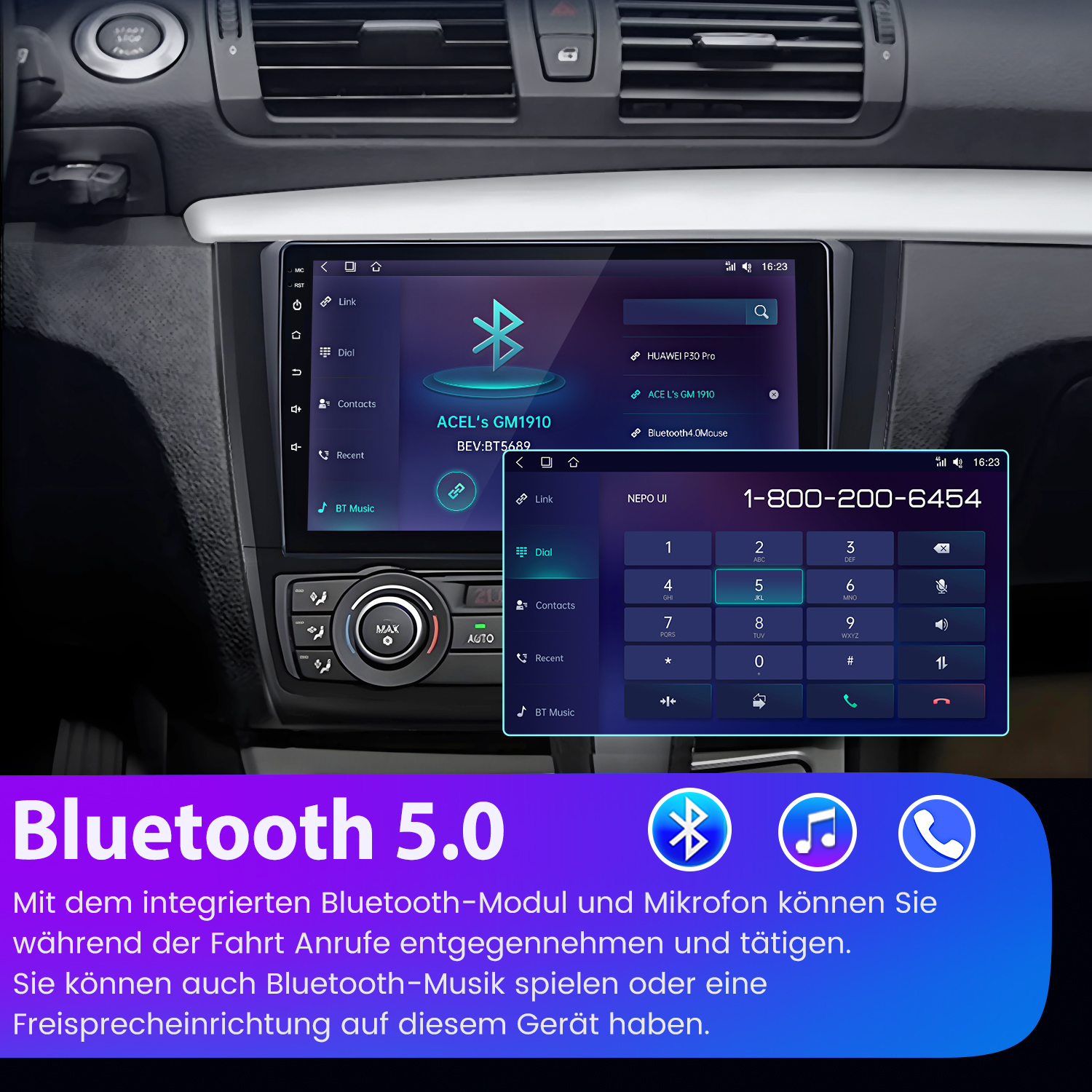Auto-Infotainmentsystem mit Bluetooth-Anzeige, Tastatur und Freisprecheinrichtung.