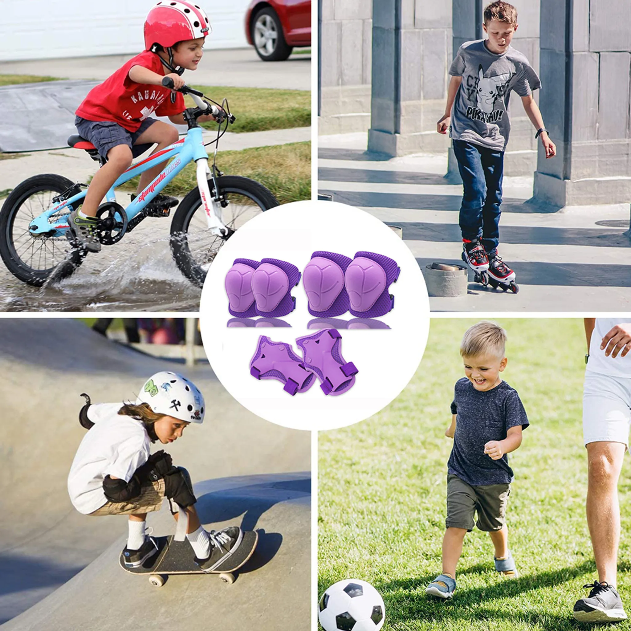 Kinder beim Radfahren, Rollern, Skateboarden und Fußballspielen mit Schutzausrüstung.
