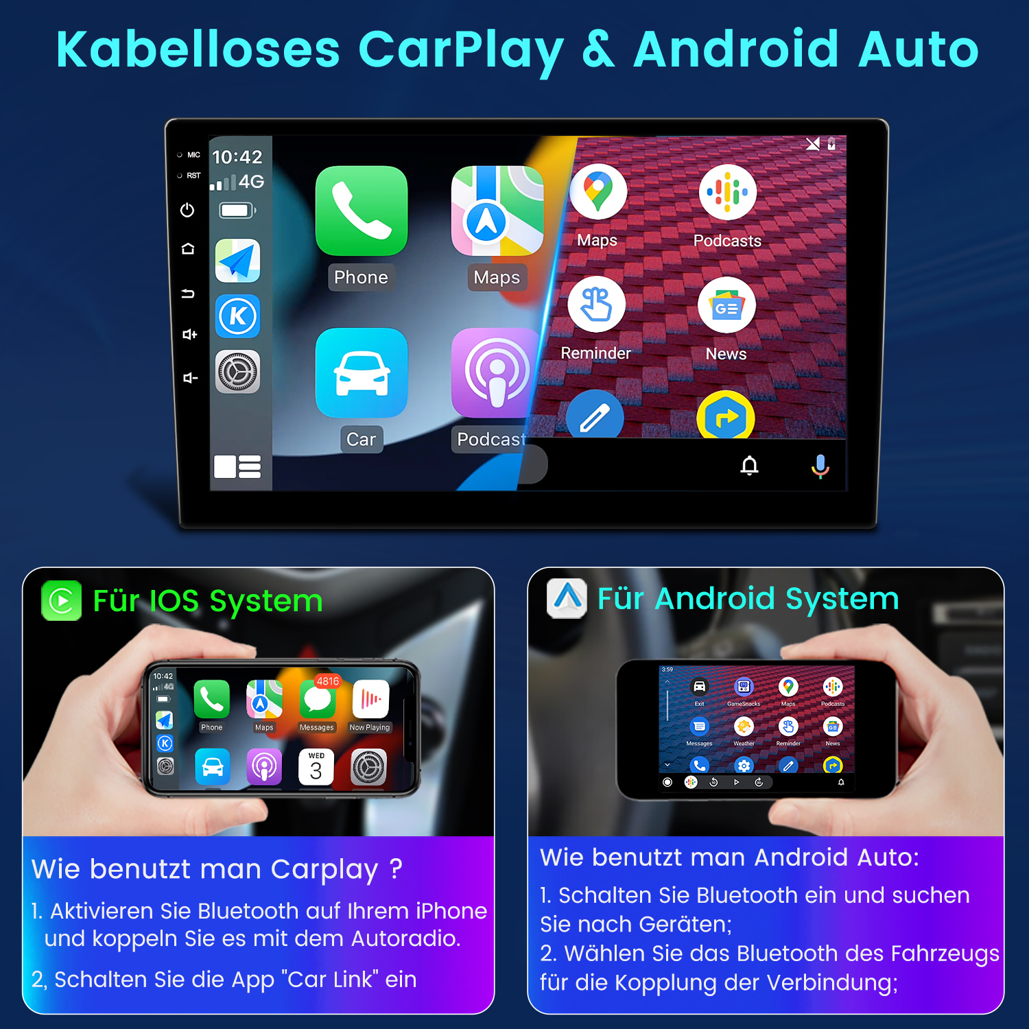 Bildschirm zeigt kabellose CarPlay- und Android Auto-Oberflächen mit App-Symbolen.