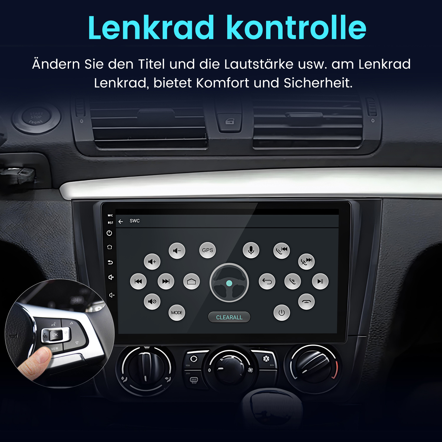 Ein Touchscreen-Display im Auto zeigt Lenkradsteuerungssymbole und Bedienelemente.
