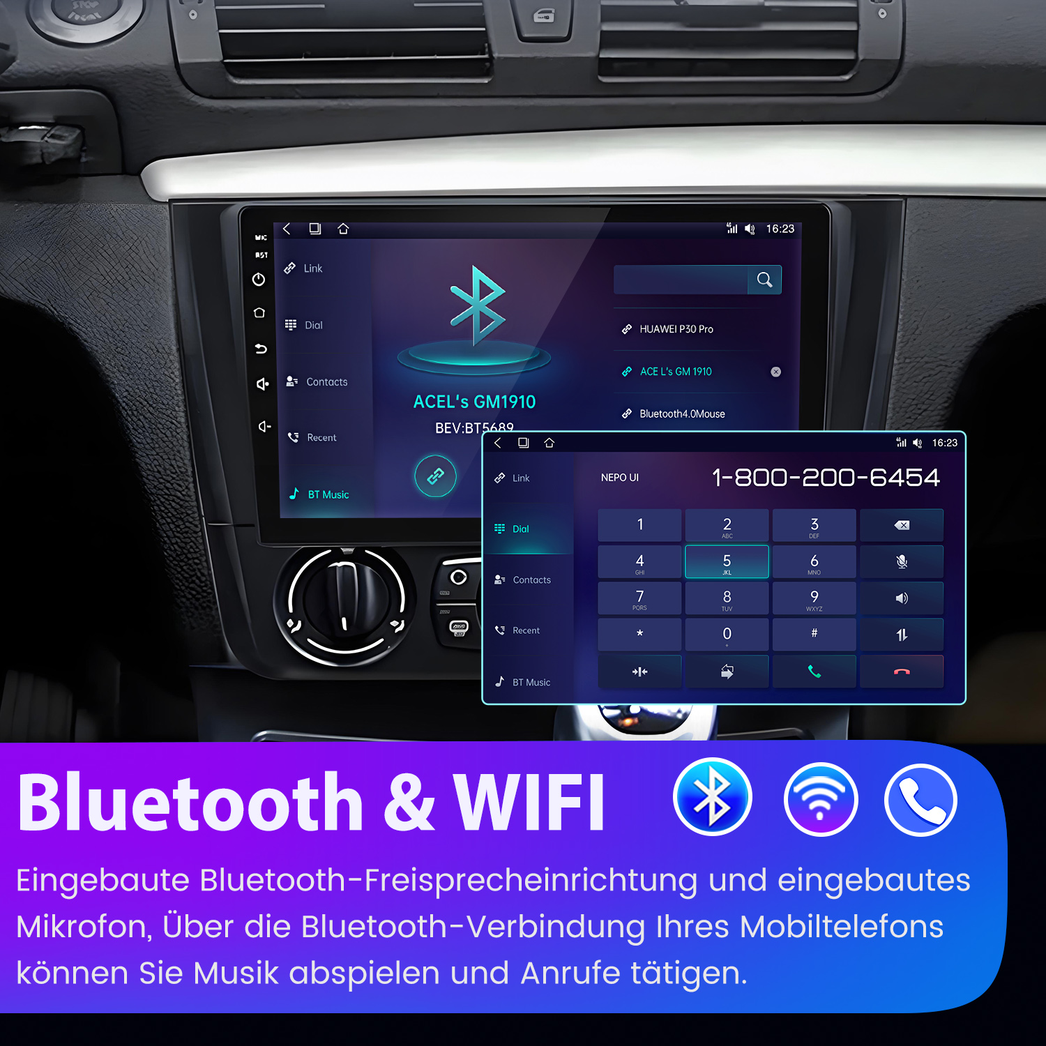 Auto-Infotainmentsystem mit Bluetooth-Telefonie und Wlan-Symbolen.