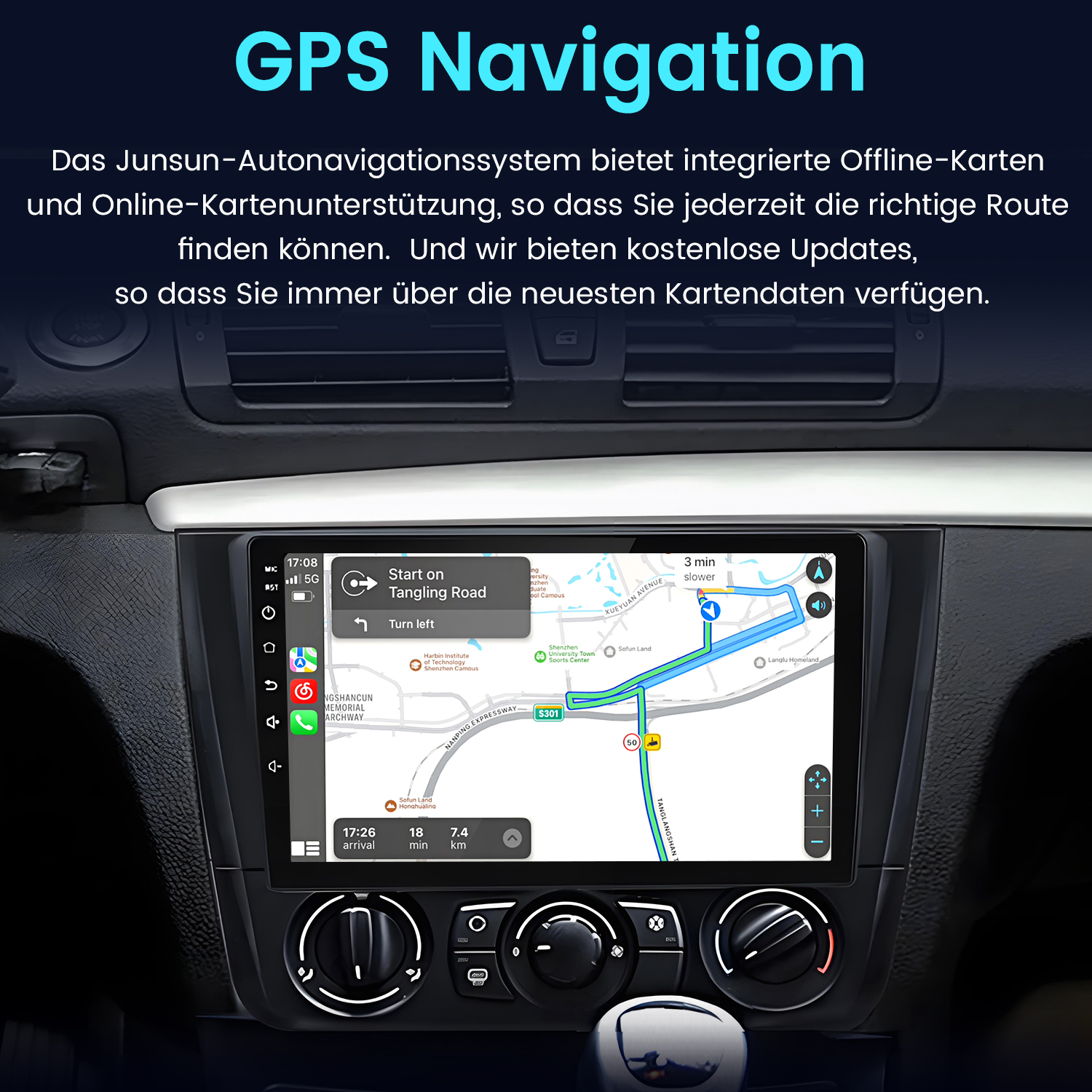Ein Navigationsbildschirm im Auto zeigt eine Karte mit einer Route und Anweisungen.