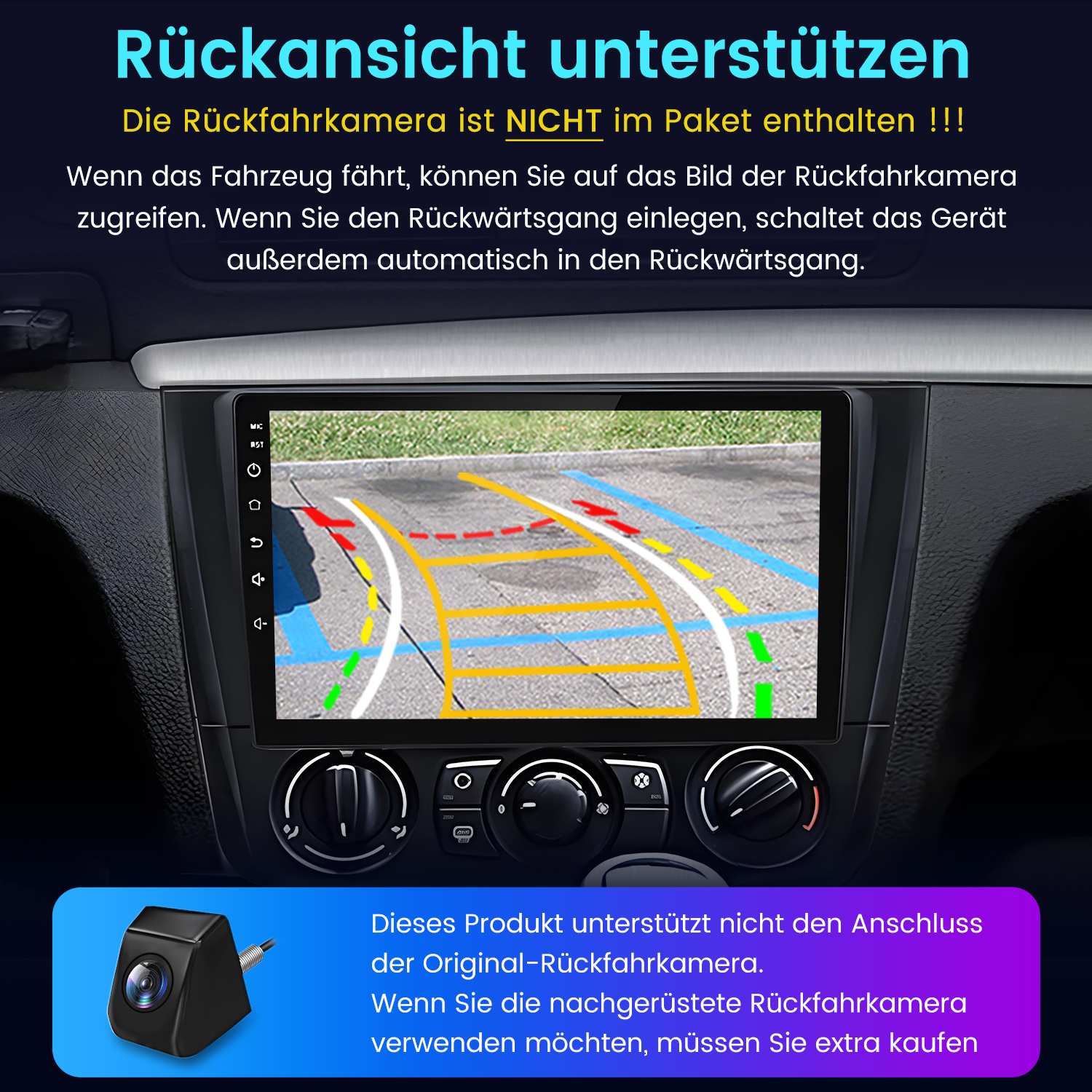 Auto-Display zeigt Rückfahrkamera-Bild mit Parkhilfslinien und eine separate Kamera.