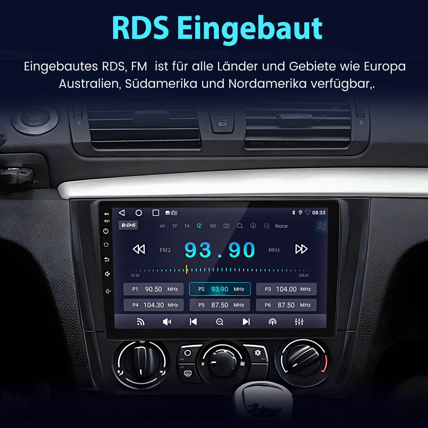 Ein Autoradio mit RDS-FM-Funktion zeigt 93.90 MHz an. Es gibt Speichertasten.