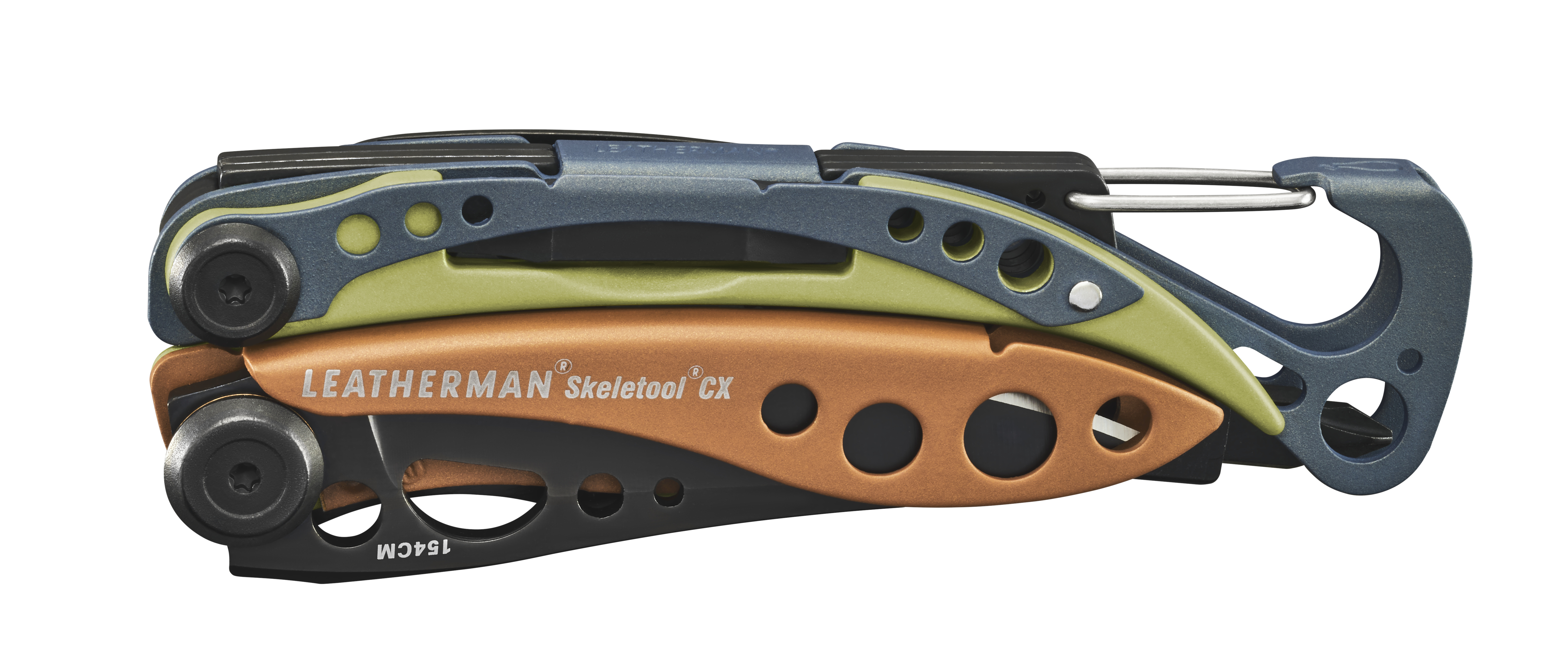 Ein geschlossenes Multitool mit blauen, grünen und orangen Griffen und einem Karabiner.