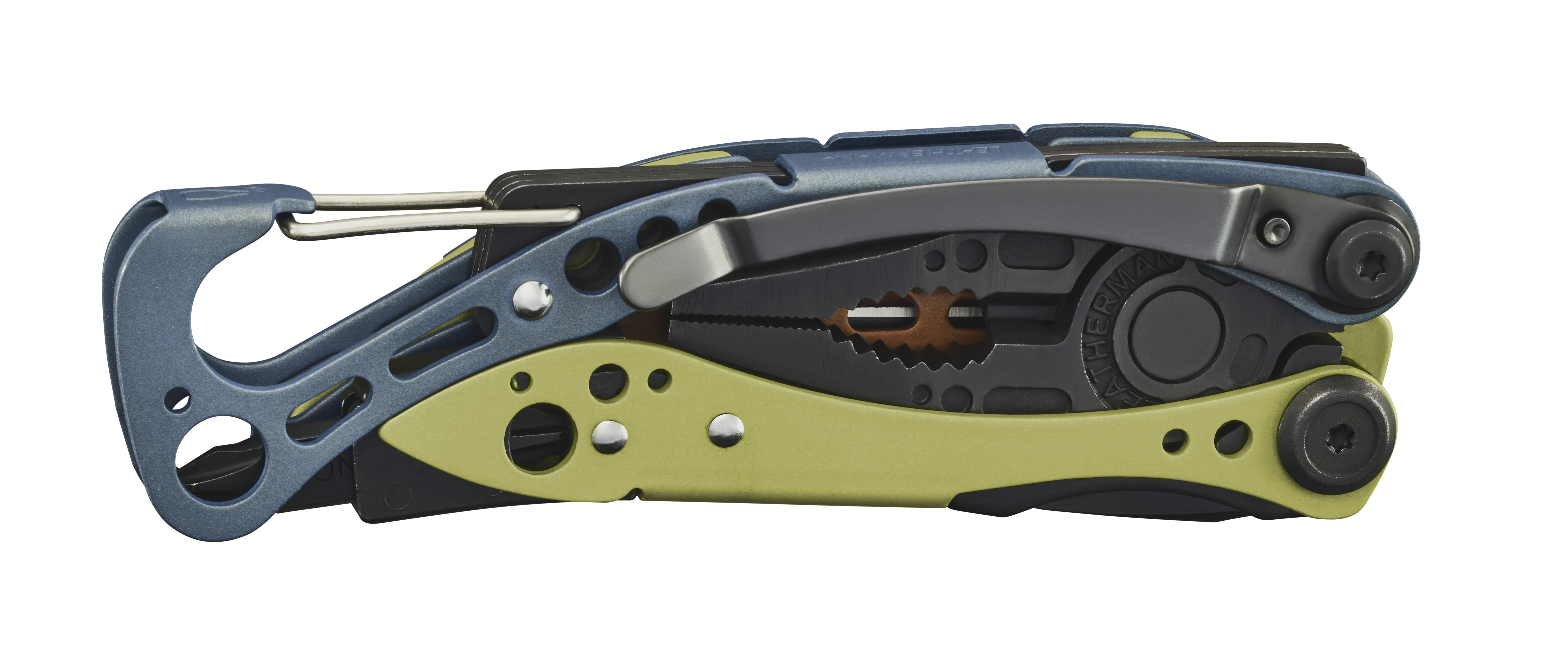 Ein geschlossenes Multitool mit blauem, gelbem und grauem Griff. Es hat eine Zange und einen Clip.
