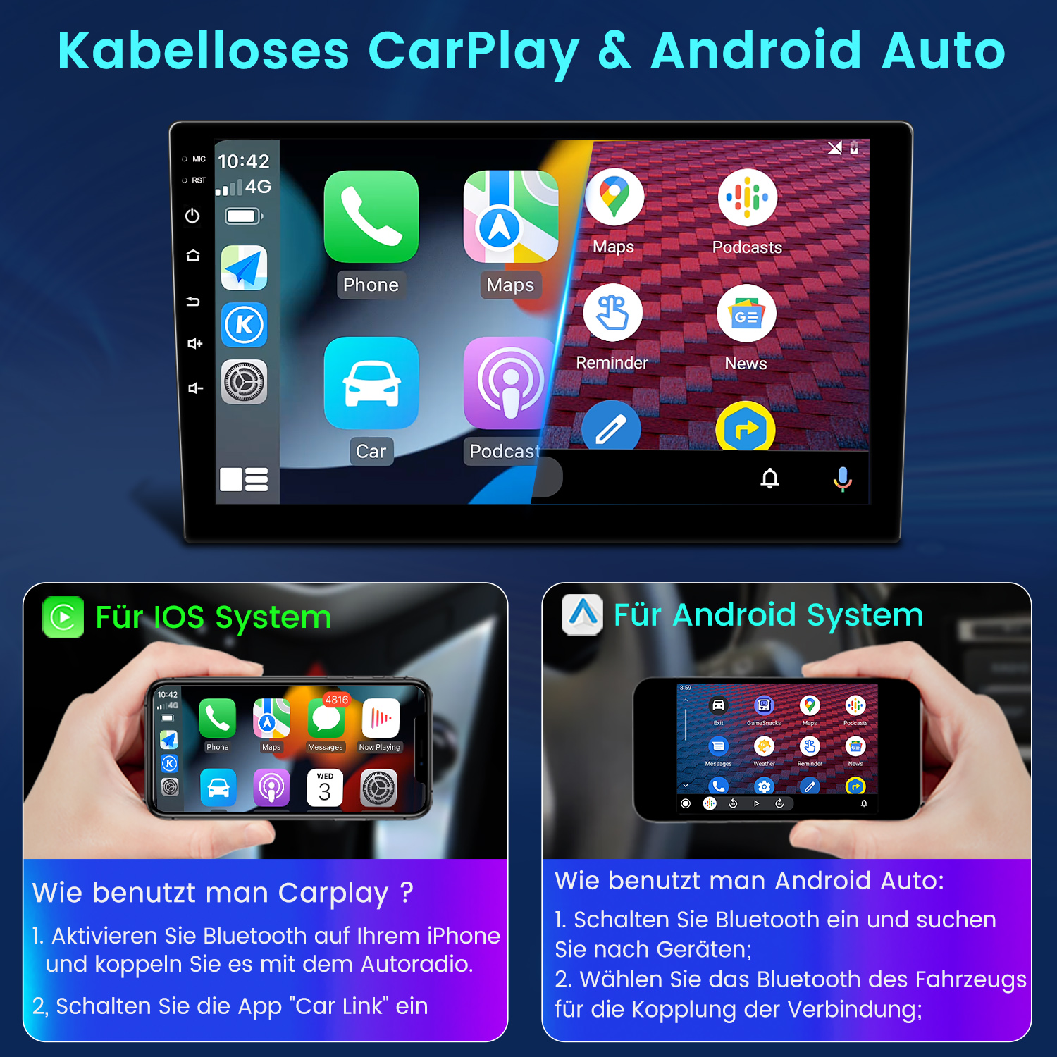 Bildschirm für kabelloses CarPlay und Android Auto, mit Apps und Anleitungen.