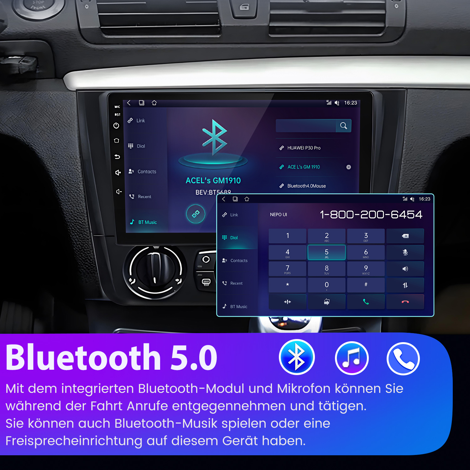 Ein Auto-Infotainmentsystem mit Bluetooth-Symbolen, Telefon-Tastatur und Text.