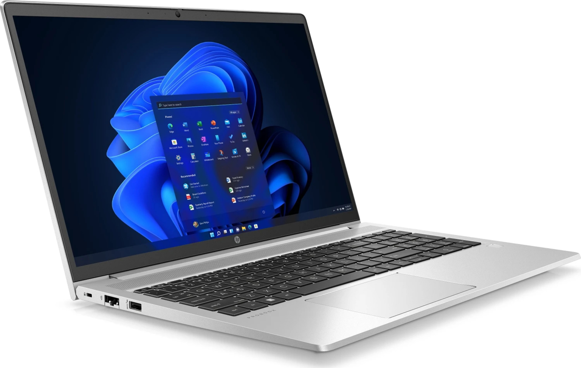 Ein silberner Laptop mit einem blauen Hintergrund und einem geöffneten Startmenü.