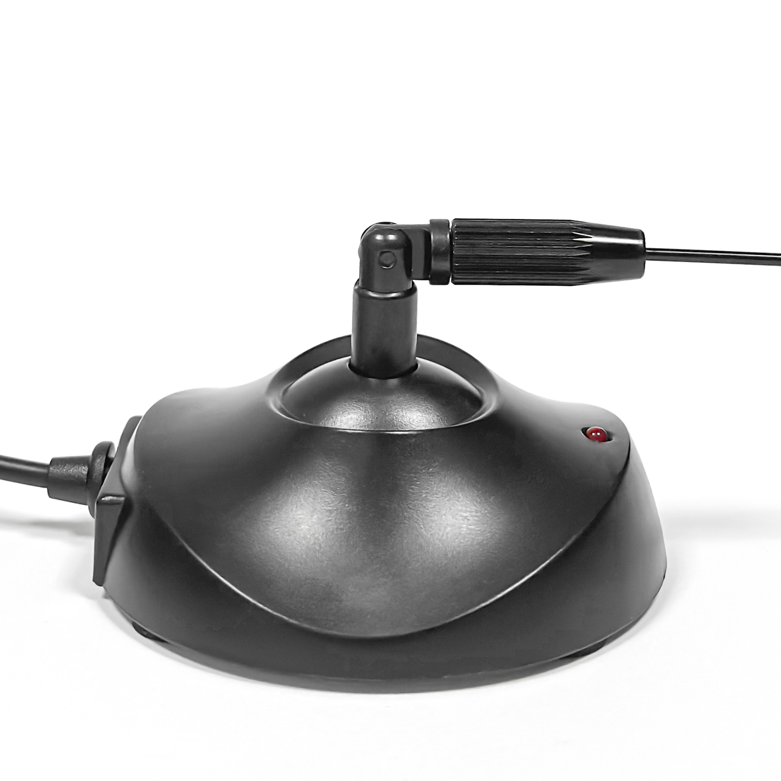Schwarzer Sockel mit verstellbarem Arm und roter LED. Kabel angeschlossen.
