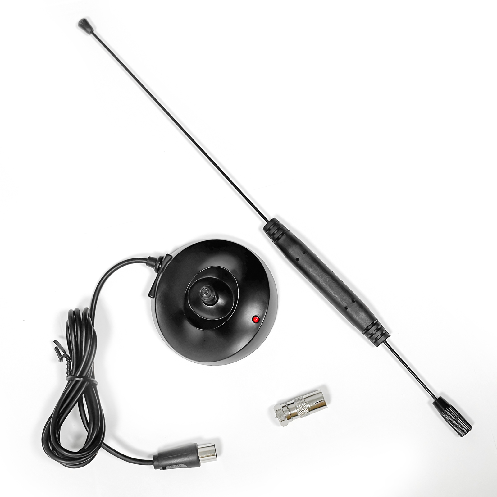 Schwarzer Antennenfuß mit roter LED, Kabel, Stecker und Antennenstab.