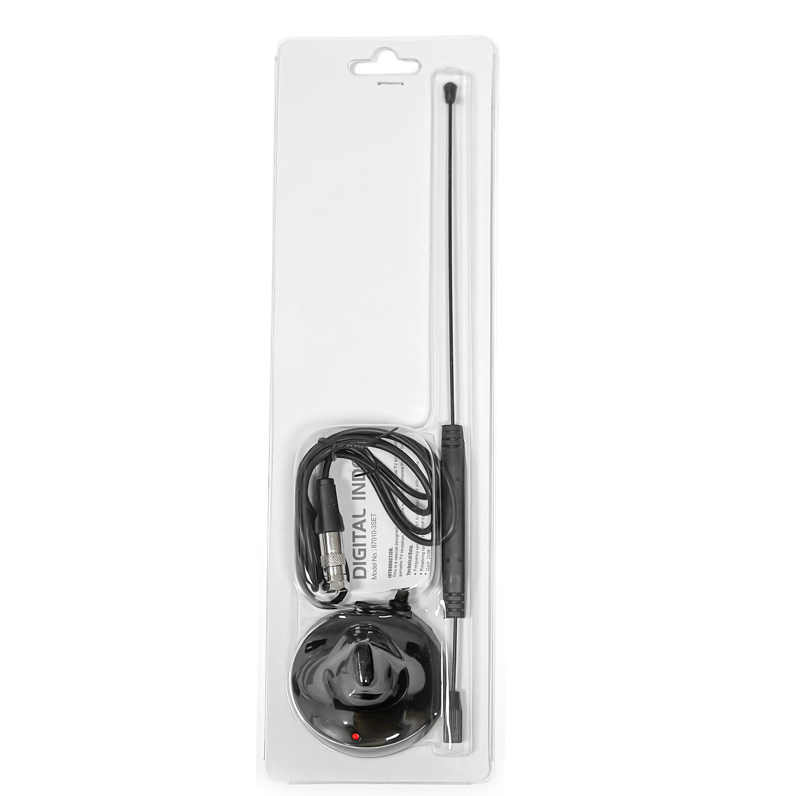 Ein schwarzer Antennenfuß mit Kabel und Stabantenne in Blisterverpackung.
