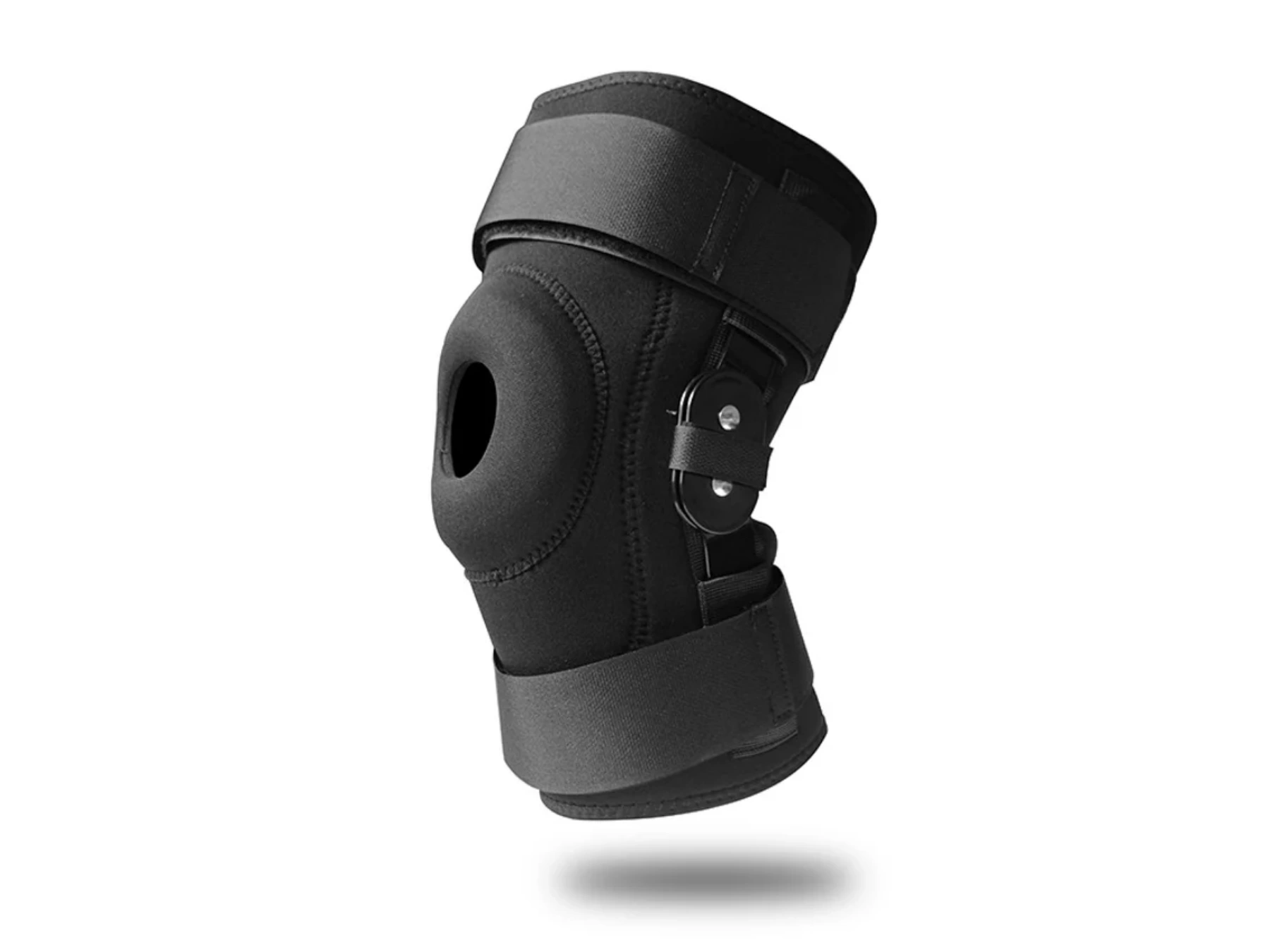 Schwarze Kniebandage mit verstellbaren Riemen und Patella-Aussparung.