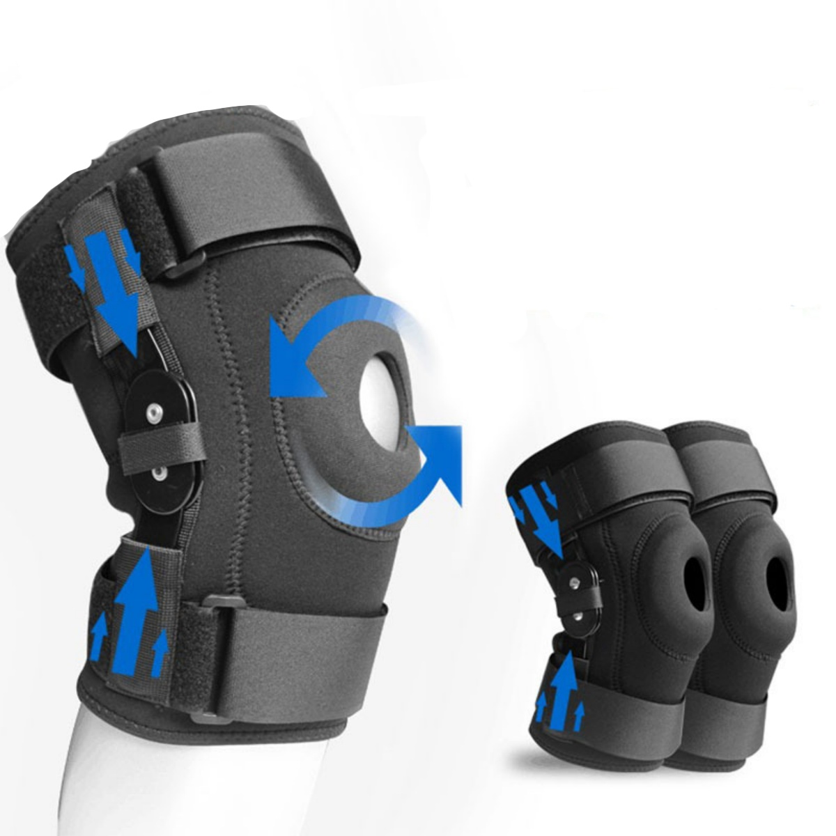 Schwarze Kniebandage mit blauen Pfeilen, die Halt und Bewegung anzeigen.