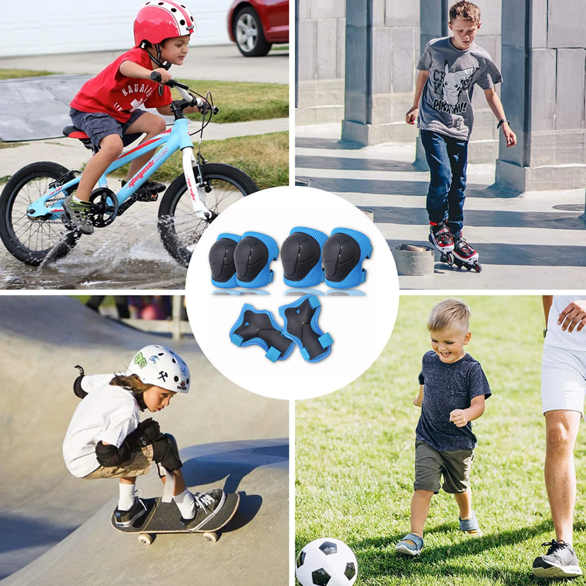 Kinder beim Radfahren, Rollschuhfahren, Skateboarden und Fußballspielen in Schutzausrüstung.