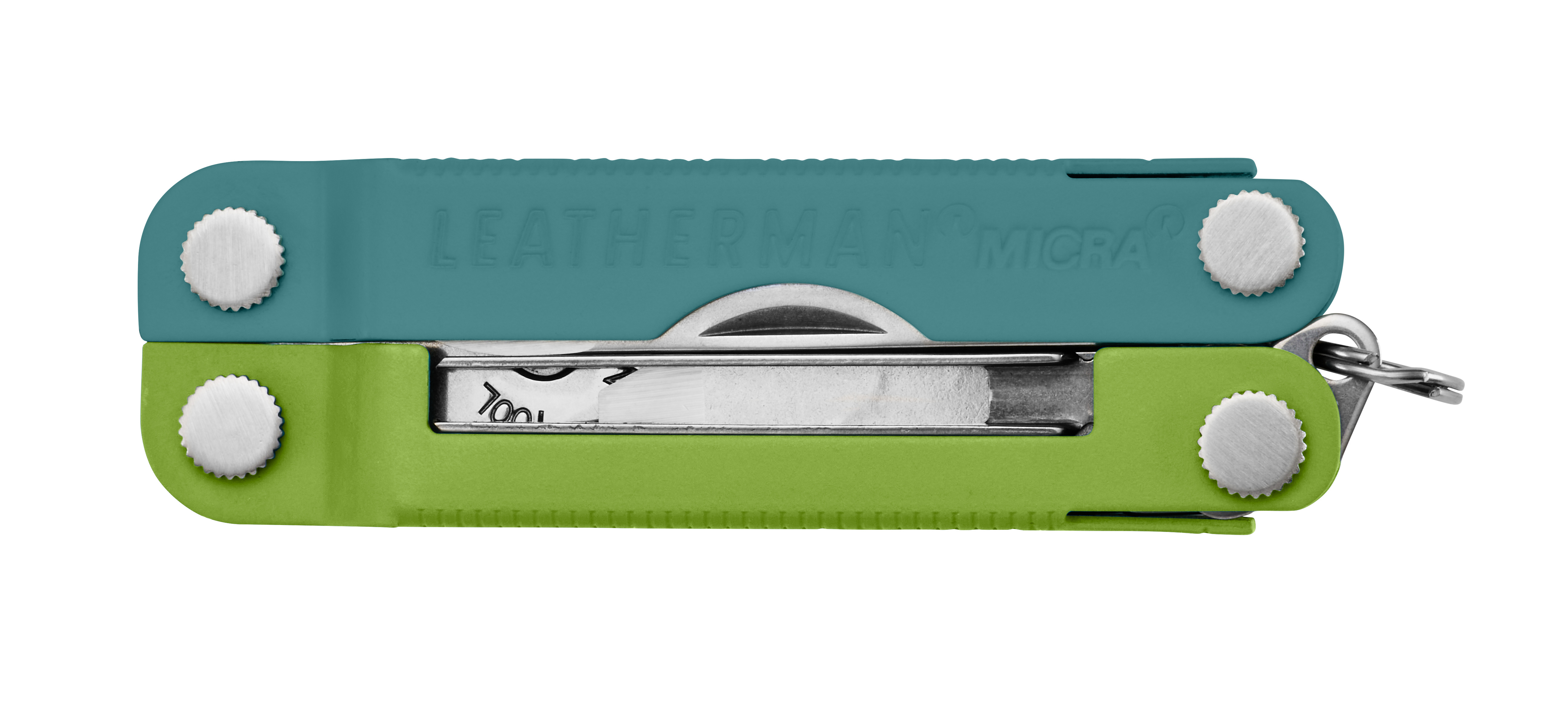 Ein geschlossenes Leatherman Micra Multitool in Türkis und Grün mit Werkzeugen.