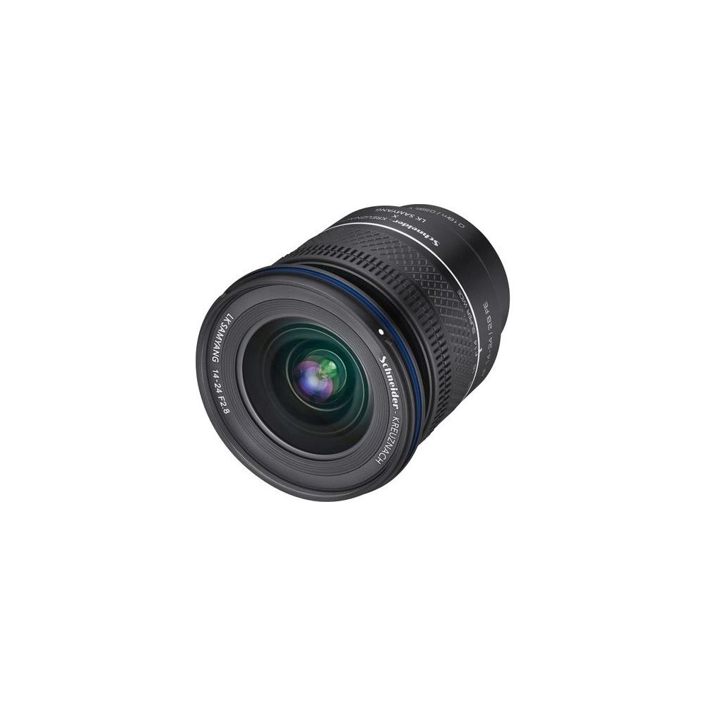 A black camera lens with blue rings, set against a white background.
