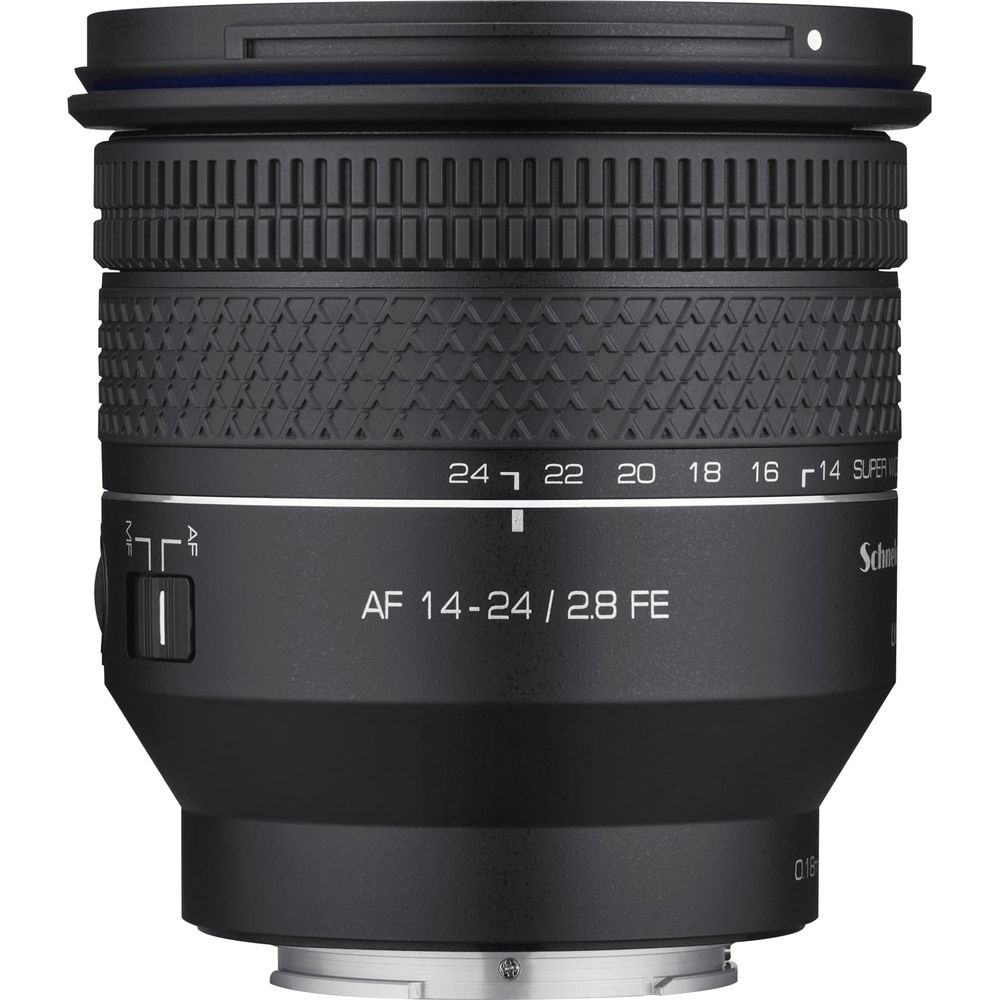 Black camera lens with focus and zoom rings, aperture 14-24 mm.