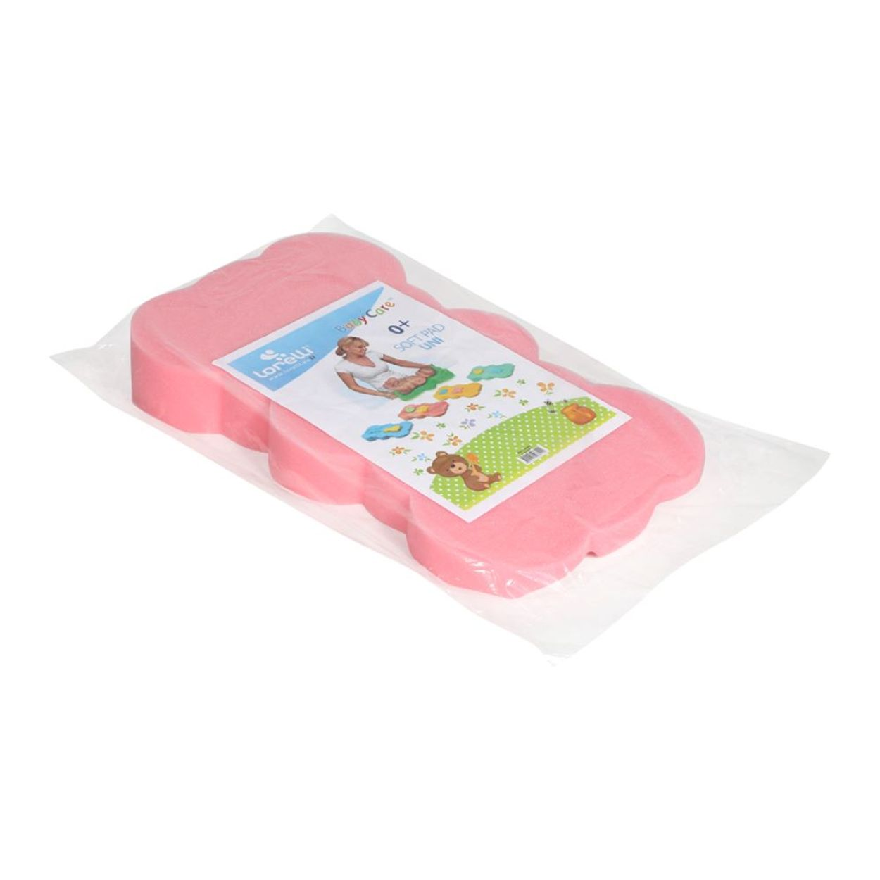 Ein rosa Baby-Badewannensitz mit Teddybär-Motiv, verpackt in Plastik.