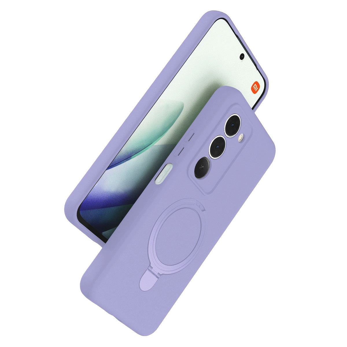 Halka tutuculu ve kamera düzeneğine sahip mor telefon kılıfı.