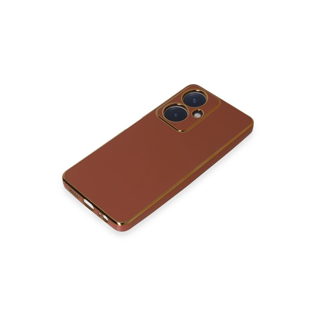 Altın çerçeveli ve çift kameralı kahverengi akıllı telefon, arkadan görünüm.