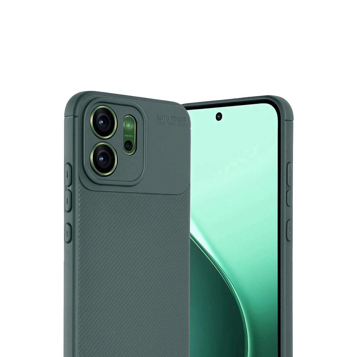 Üç kameralı, dokulu yüzeye sahip yeşil telefon kılıfı.
