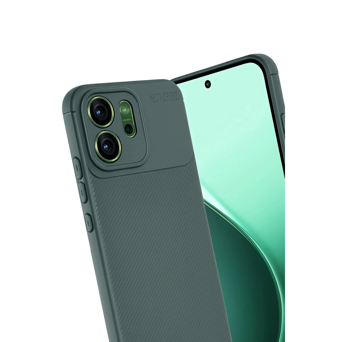 Üçlü kameraya sahip koyu gri telefon kılıfı ve arka planda telefon.