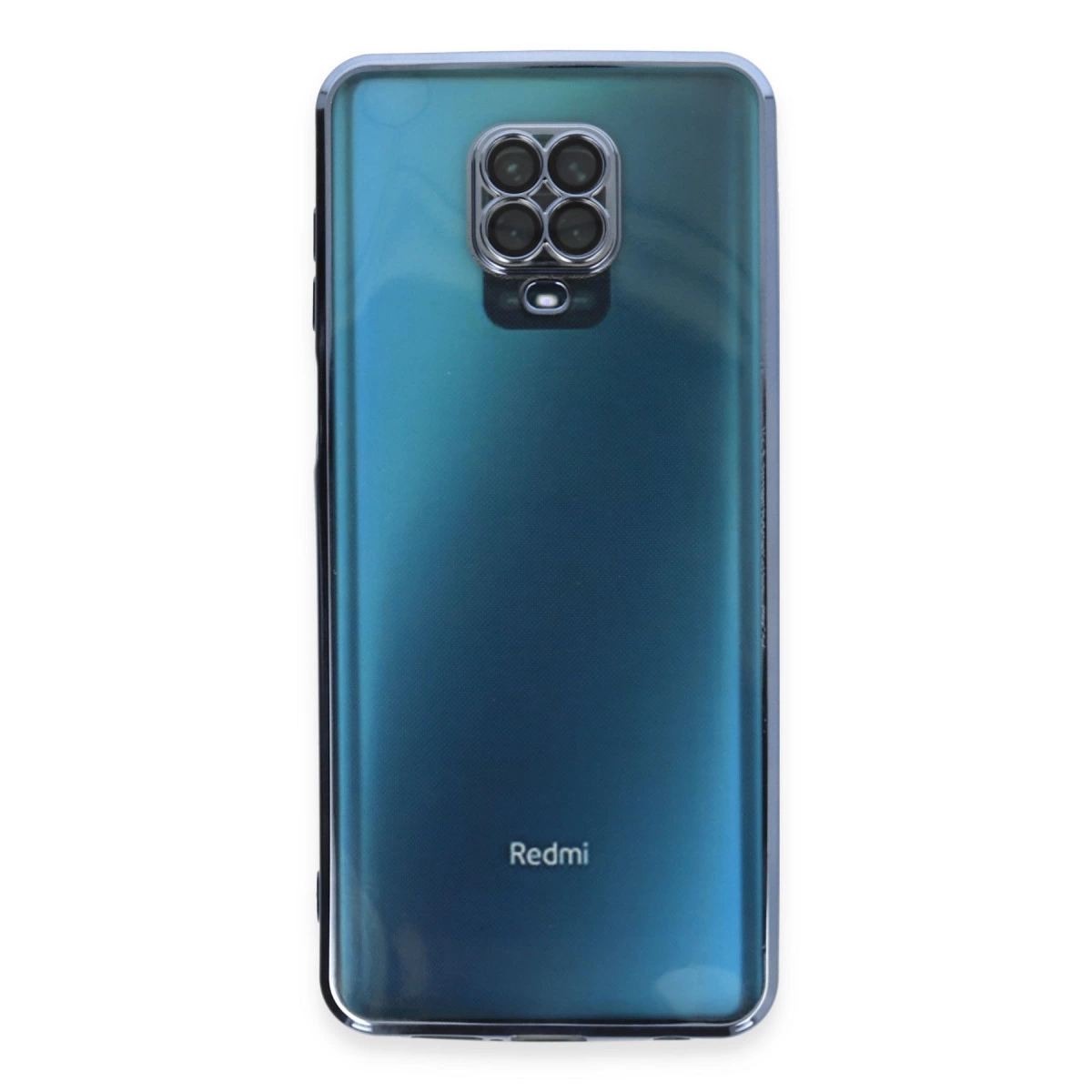 Dört kameralı ve logolu mavi bir Redmi akıllı telefonun arkası.
