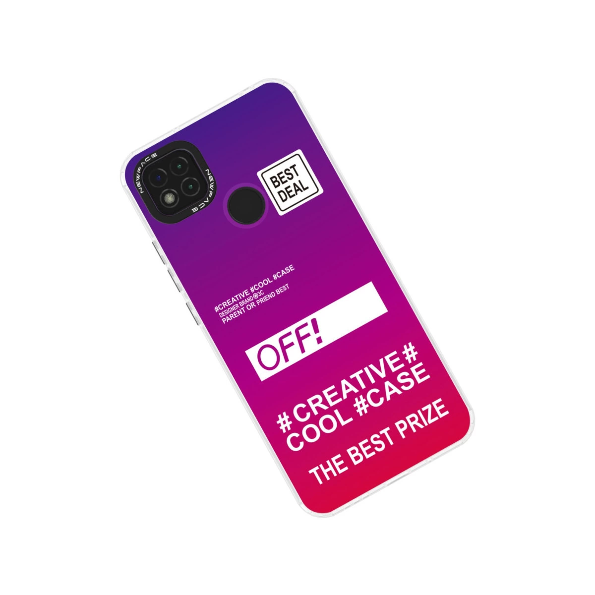Mor ve pembe gradyan telefon kılıfı, üzerinde "BEST DEAL" ve "OFF!" yazısı.