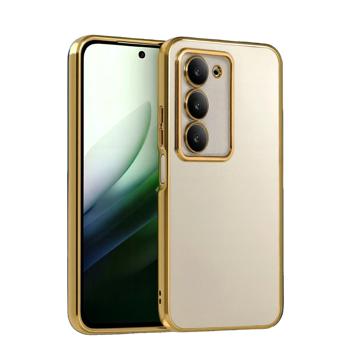 Arkada üç kamera lensi bulunan altın rengi telefon kılıfı.