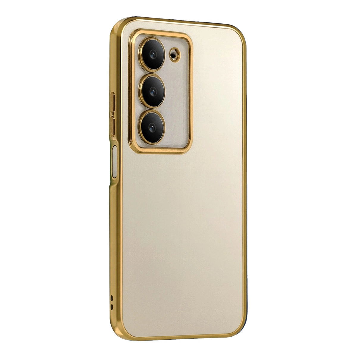Arkada üç kamera lensi olan altın rengi telefon kılıfı.