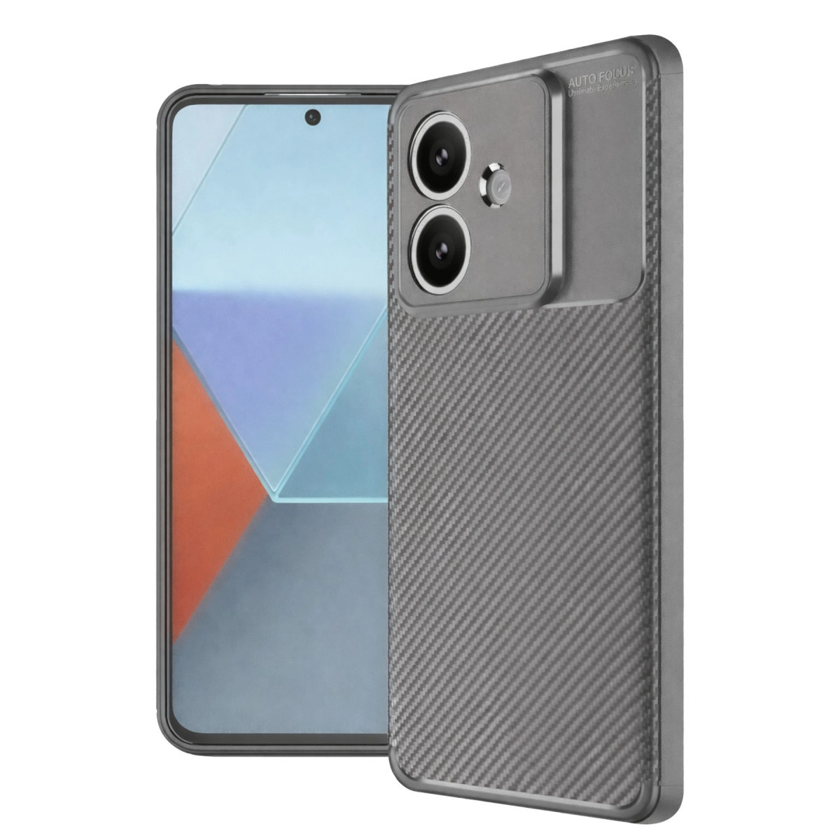 Karbon fiber dokulu gri akıllı telefon, beyaz arka plan üzerinde çift kamera.