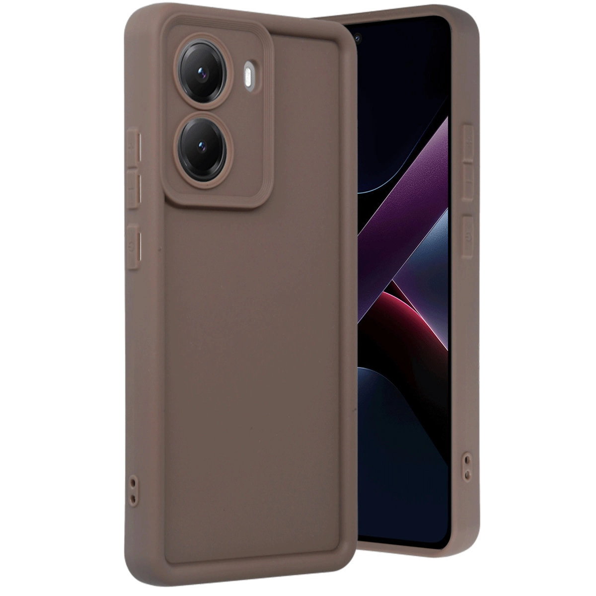 Kamera kesimli kahverengi telefon kılıfı ve mor arka planlı telefon.