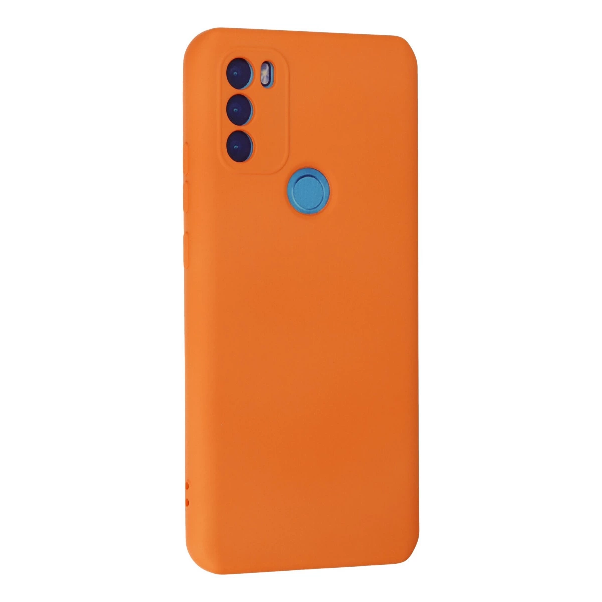 Üç kamera lensli ve mavi parmak izi sensörlü turuncu telefon kılıfı.